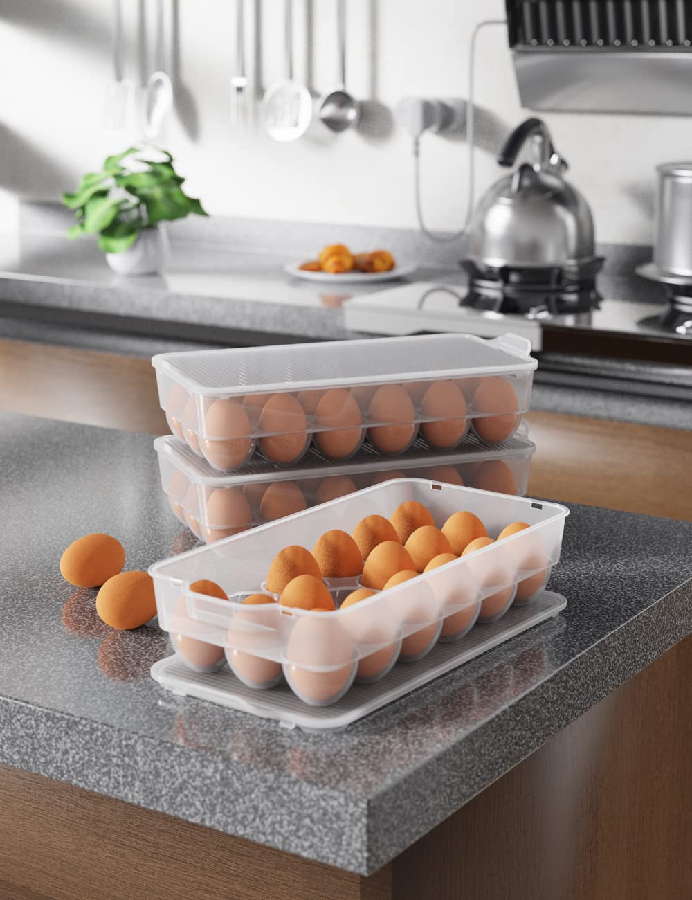 WYT Clear Covered Egg Holder 3-Pack - Plastic Refrigerator Egg Storage Container with Lid Holds 18 Eggs - Perfect for Kitchen Organization & Fridge Space Saving