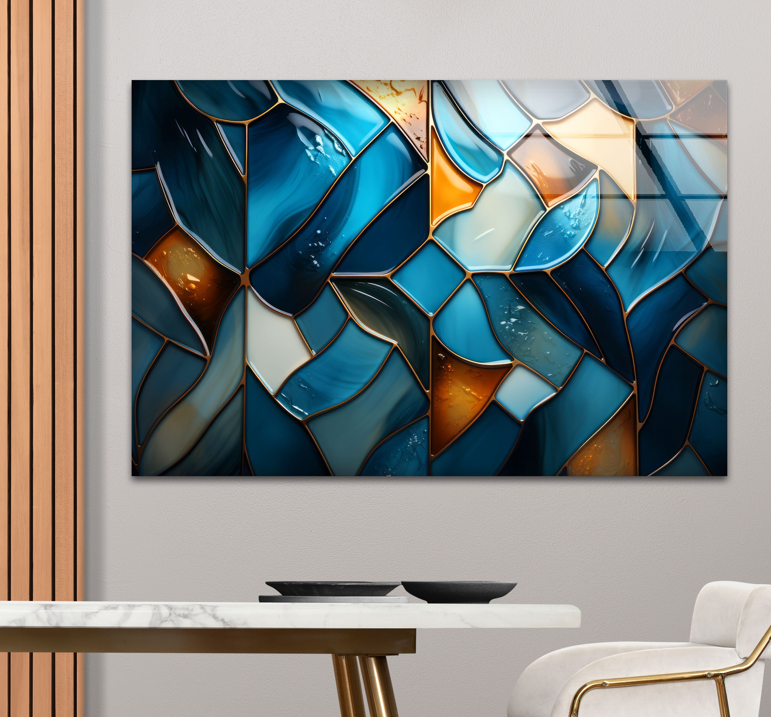 Blue Stained Glass Wall Art - Abstract Mosaic Glass Print Decor for Living Room, Bedroom & Office | Handmade Modern Home Decor