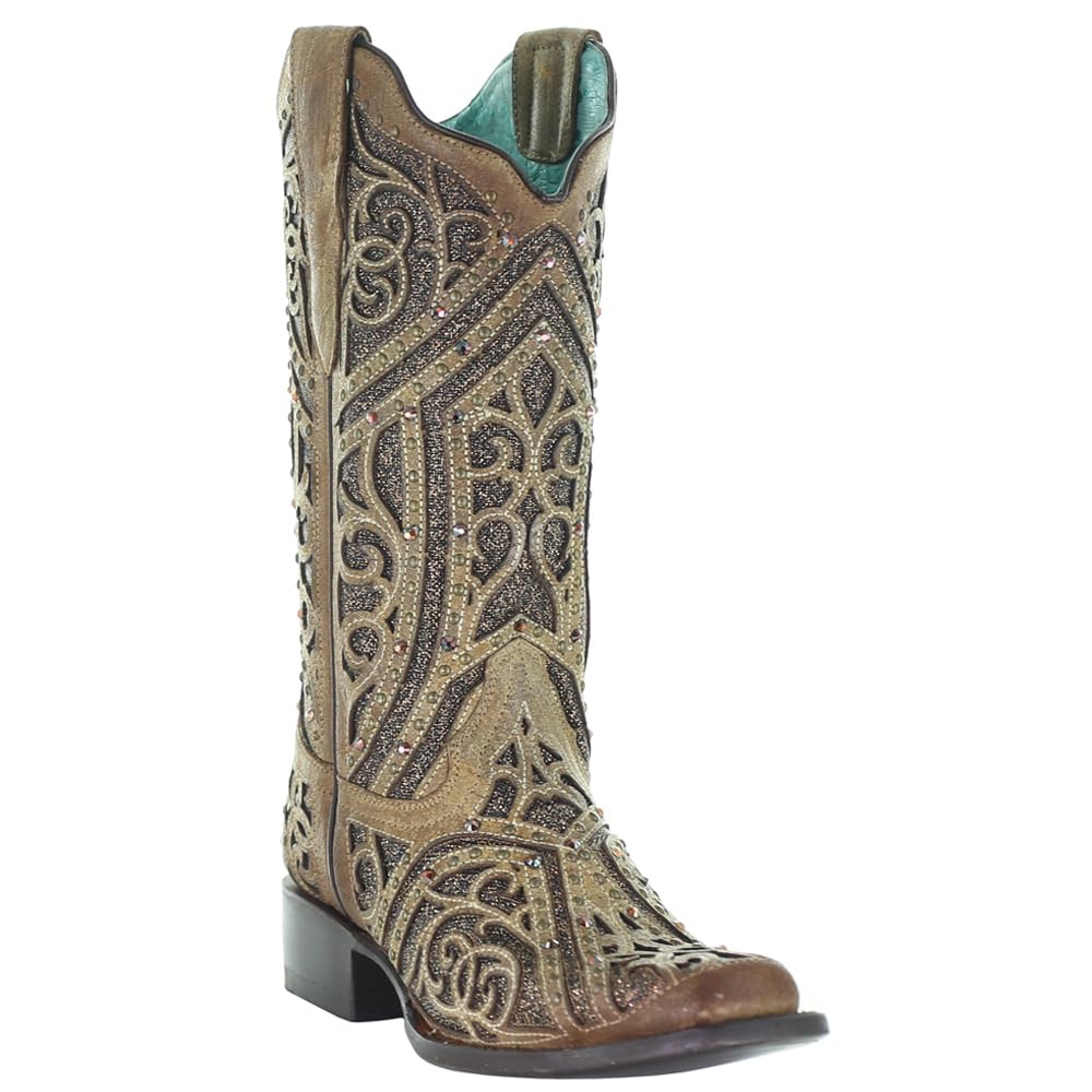 Women's Corral Glitter Tooled Inlay Square Toe Mid Calf Boots - 1-2
