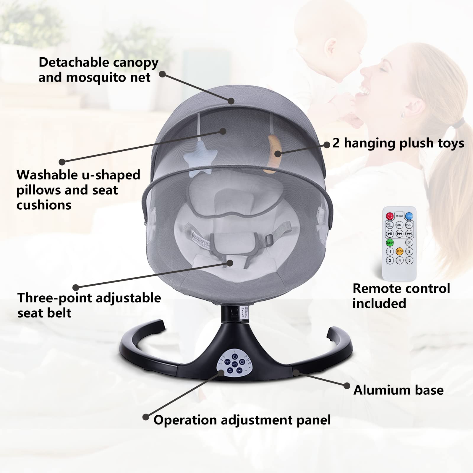 Electric Baby Swing for Infants 0-12 Months | 5-Speed Bluetooth Rocker with 3 Timer Settings & 10 Lullabies | Portable Newborn Swing with Removable Tray & Remote Control (5-26 lbs) | Perfect for Nursery, Travel & Soothing Fussy Babies