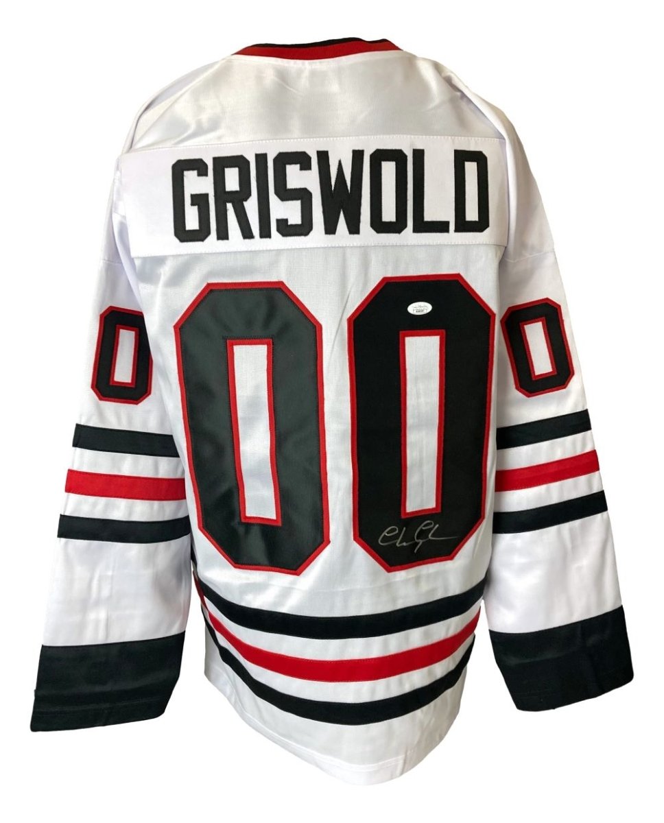 Authentic Chevy Chase Signed Christmas Vacation White Chicago Griswold Jersey with JSA COA - Perfect for Movie Memorabilia Collectors & Holiday Decor