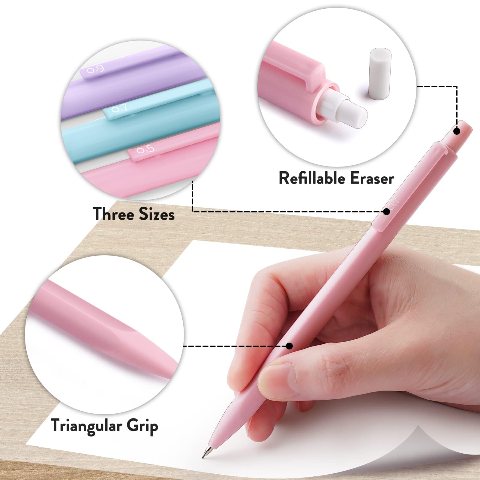 Pastel Mechanical Pencil Set (6PCS) - 0.5mm/0.7mm/0.9mm with 360 Leads, 3 Erasers & 9 Refills - Cute Aesthetic Writing & Drawing Pencils for Girls, Students & Artists - Perfect for School, Office, Sketching & Note Taking