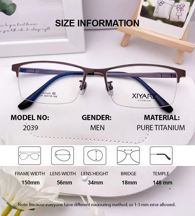 Men's Titanium Semi-Rimless Square Eyeglasses - Lightweight & Durable Frame for Work, Reading & Driving - Model 42039