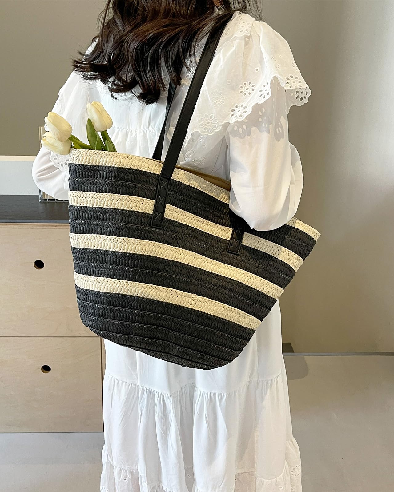 Rejolly Straw Tote Bag for Women - Large Woven Beach Bag with Zipper & Leather Handle - Perfect for Summer Vacation, Shopping, and Outdoor Activities