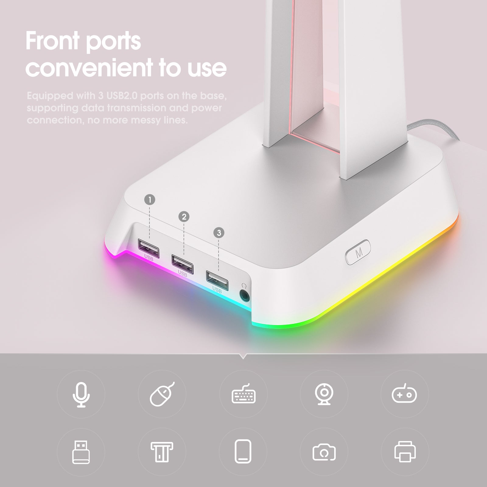 ONIKUMA ST2 RGB Gaming Headphone Stand with 3 USB Ports & 3.5mm AUX Jack - Perfect for PC Gaming Setup, Streaming Studio & Office Workspace