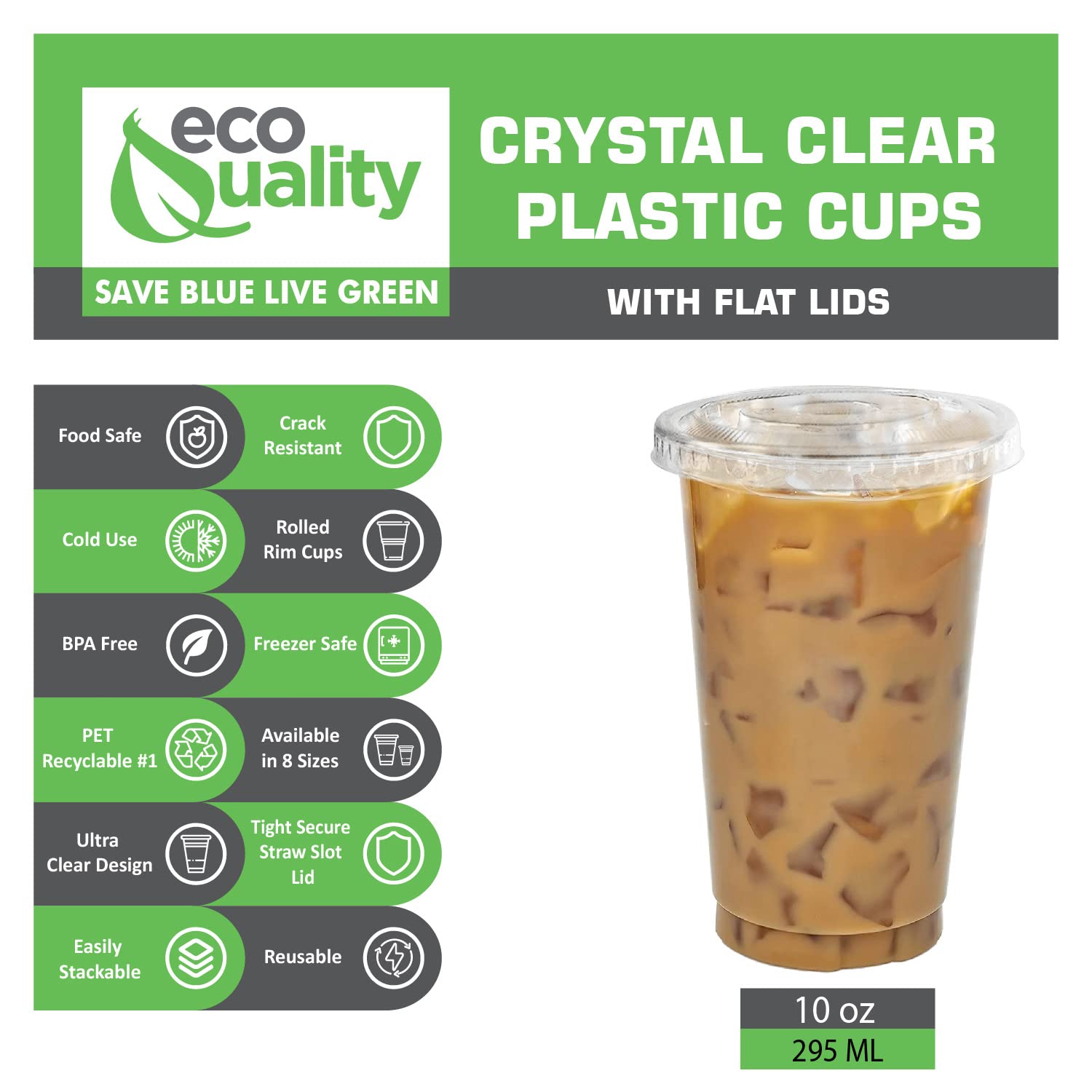 100-Pack 10oz Clear Plastic Disposable PET Cups with Lids - Crystal Clear Cold Drink Cups for Smoothies, Iced Coffee, Juice, Soda & Cocktails - Perfect for Parties, Cafes, Restaurants & Home Use (BPA-Free)