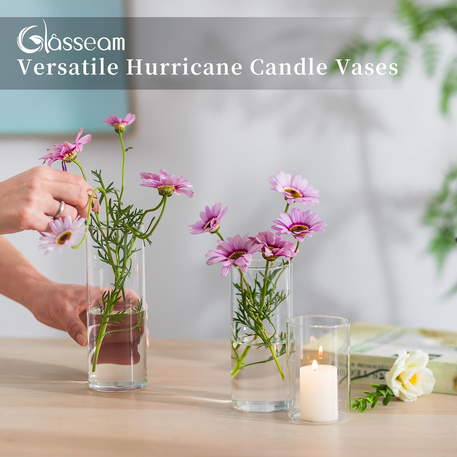 Glasseam Clear Hurricane Pillar Candle Holders Bulk 24-Pack - Glass Cylinder Candle Vases for Floating Candles, Wedding Centerpieces, Dining Table & Home Decor - Perfect for Romantic Dinners, Wedding Receptions and Holiday Decorations