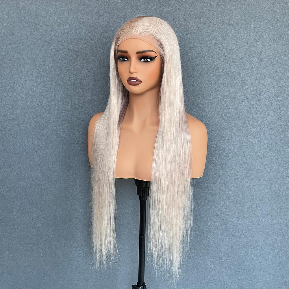 Ash Blonde 28 Inch Lace Front Wigs Human Hair Straight 180% Density 13X4 HD Transparent Pre Plucked UHD Lace Wig for Women - Natural Look, Daily Wear & Special Occasions