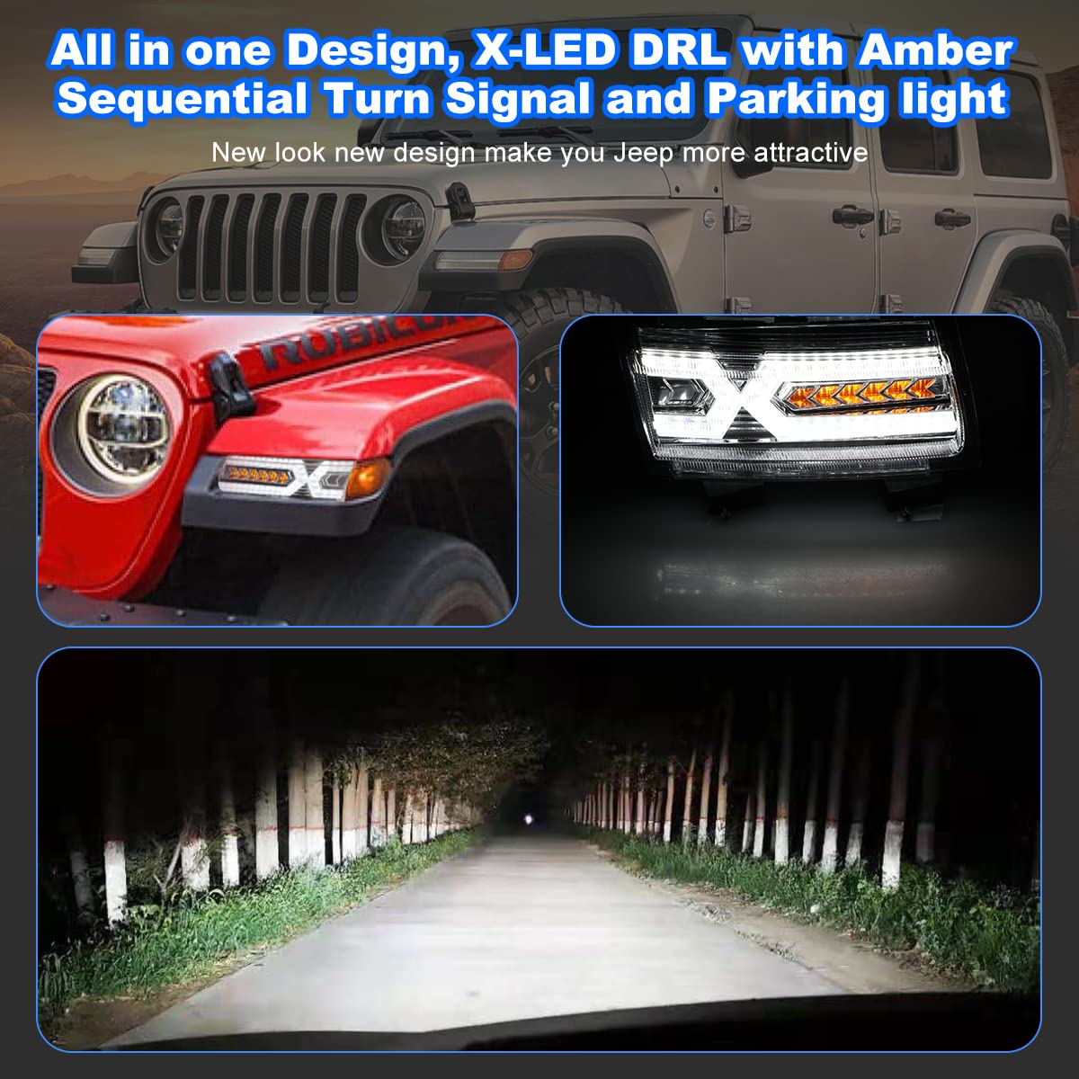 ROXX Full LED DRL Sequential Turn Signal Assembly for 2018-2024 Jeep Wrangler JL & 2020-2024 Jeep Gladiator JT (Excludes Sport/Sport S Models) - LED Front Fender Lights with Daytime Running Light Kit - Upgrade Your Off-Road Adventure & Night Driving Safety