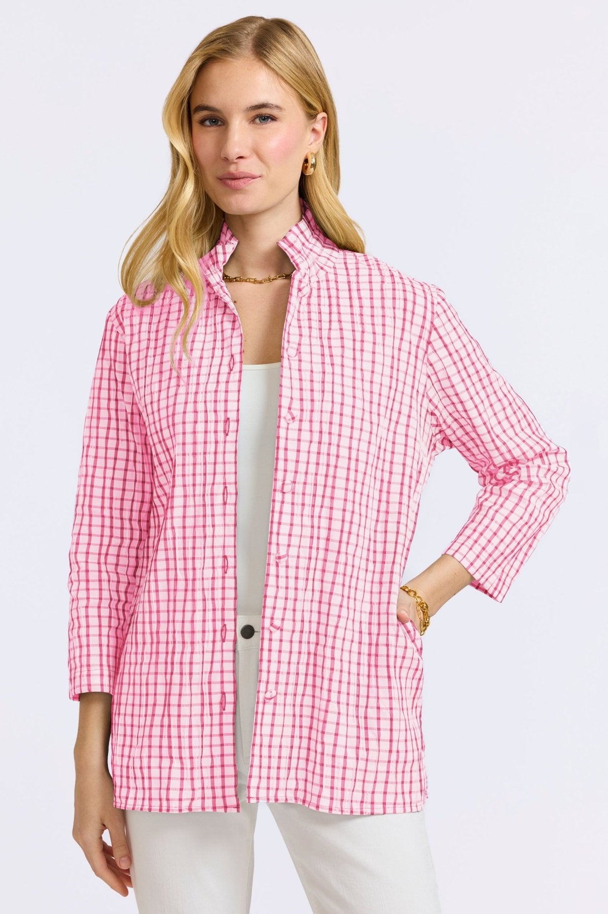 Carolina Crinkle 3/4 Sleeve Shirt Jacket for Women - Stylish Wrinkle-Resistant Lightweight Layering Top | Perfect for Office Wear, Casual Outfits & Spring Fashion