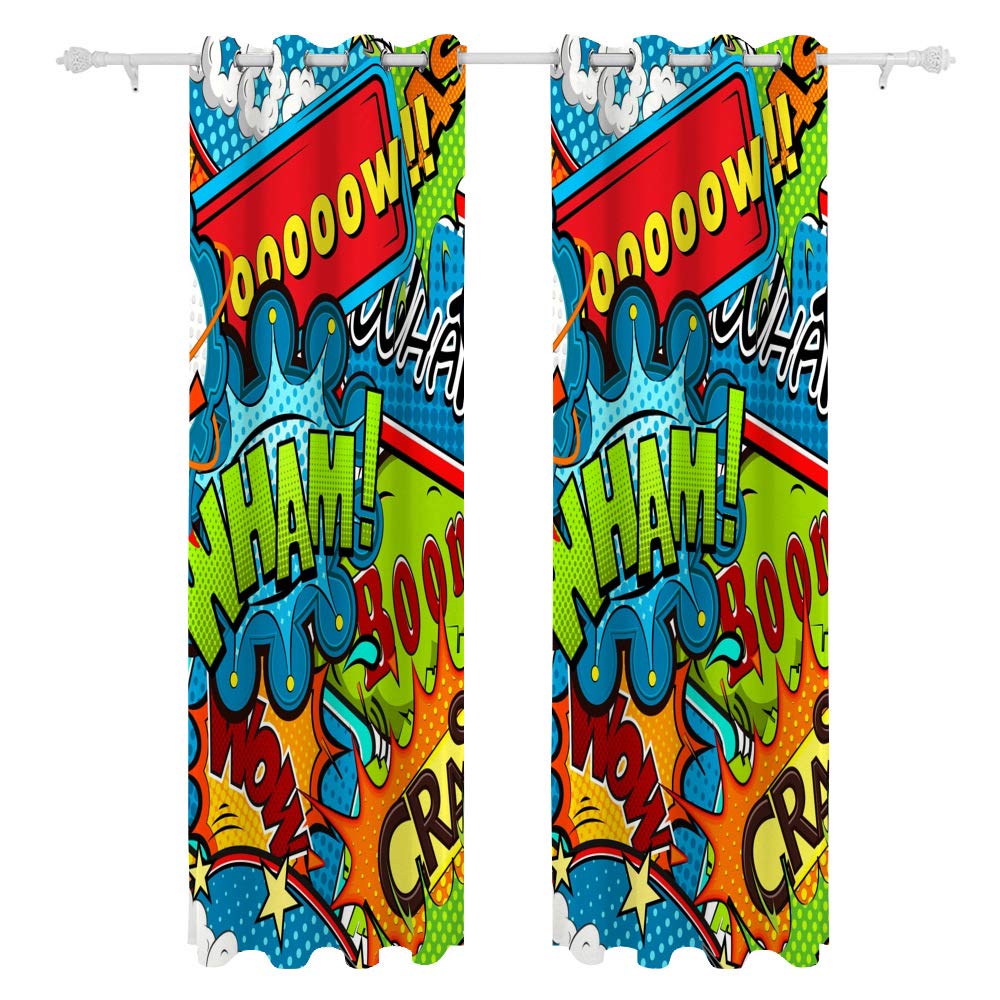 Kuizee Blackout Curtains 84×55 Inch - Sun Blocking Pop Art Comics Speech Bubble Design for Living Room & Bedroom - Thermal Insulated Grommet Top Window Drapes (Set of 2 Panels) - Perfect for Home Theater, Nursery & Light-Sensitive Sleepers