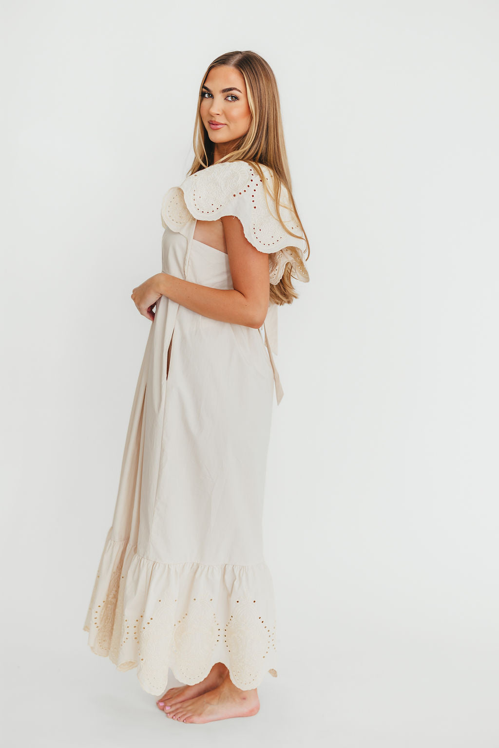 Brooklyn 100% Cotton Eyelet Detail Maxi Dress in Natural - Flowy Summer Dress for Beach, Wedding & Casual Wear | Breathable & Comfortable Women's Fashion