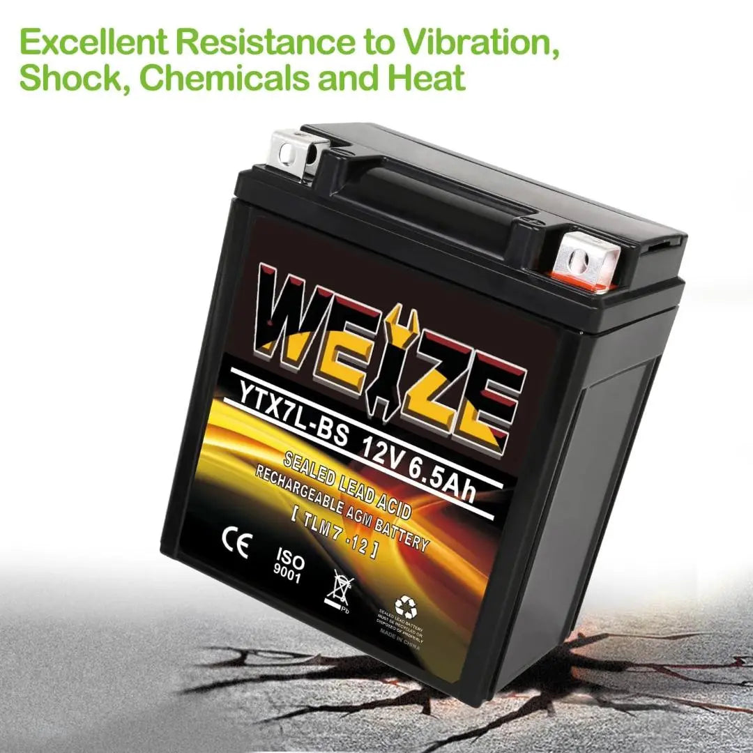 WEIZE YTX7L-BS 12V 6.5Ah High Performance AGM Battery - Maintenance Free, Sealed, 100CCA - Compatible with Honda, Kawasaki, Suzuki ATV & Motorcycles - Perfect for Off-Road, Powersports & Outdoor Adventures