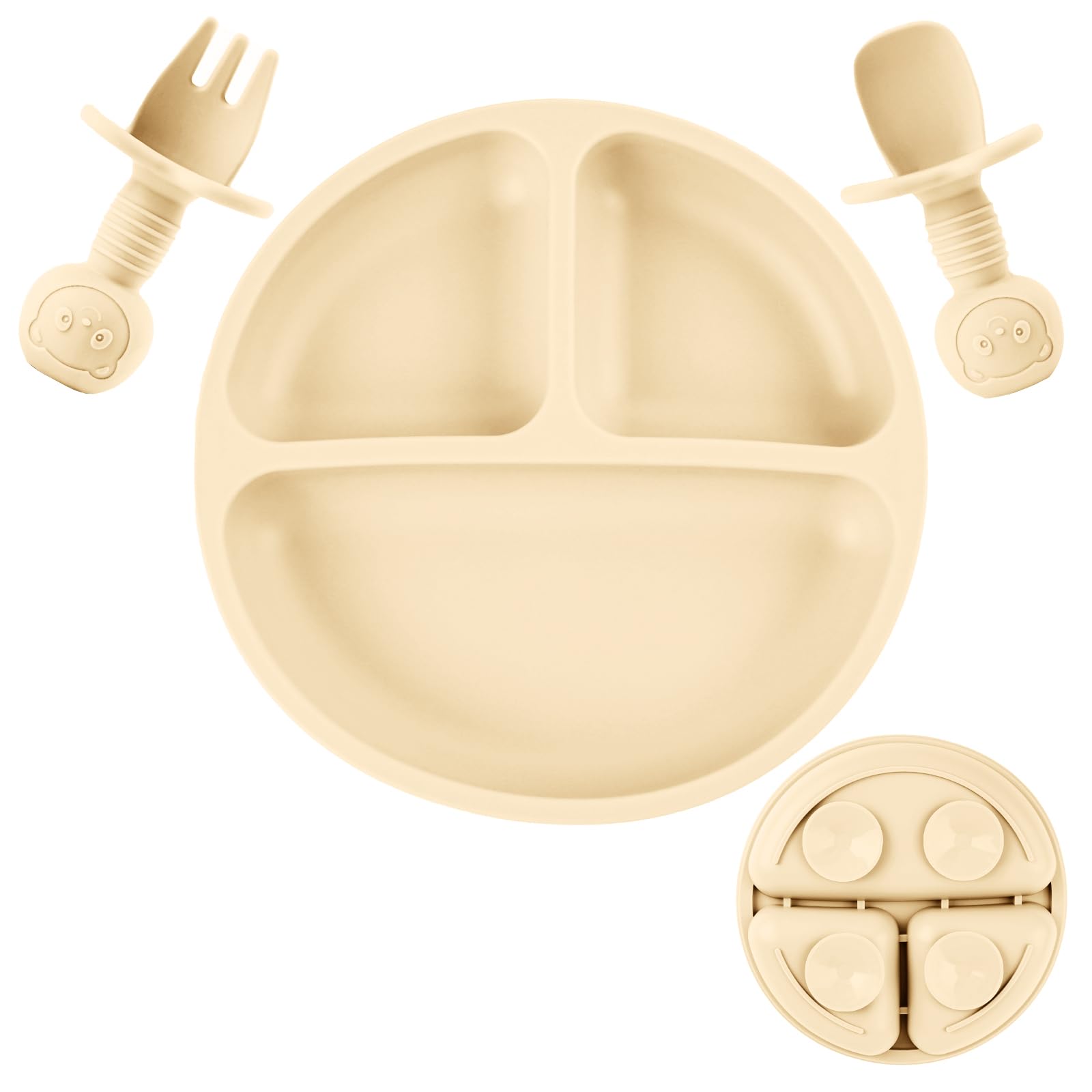 Non-Slip Silicone Baby Plate with Divided Sections - Includes Self-Feeding Spoon & Fork Set - Dishwasher & Microwave Safe - Perfect for Toddlers Learning to Eat Independently - Ideal for Home, Travel & Daycare Use