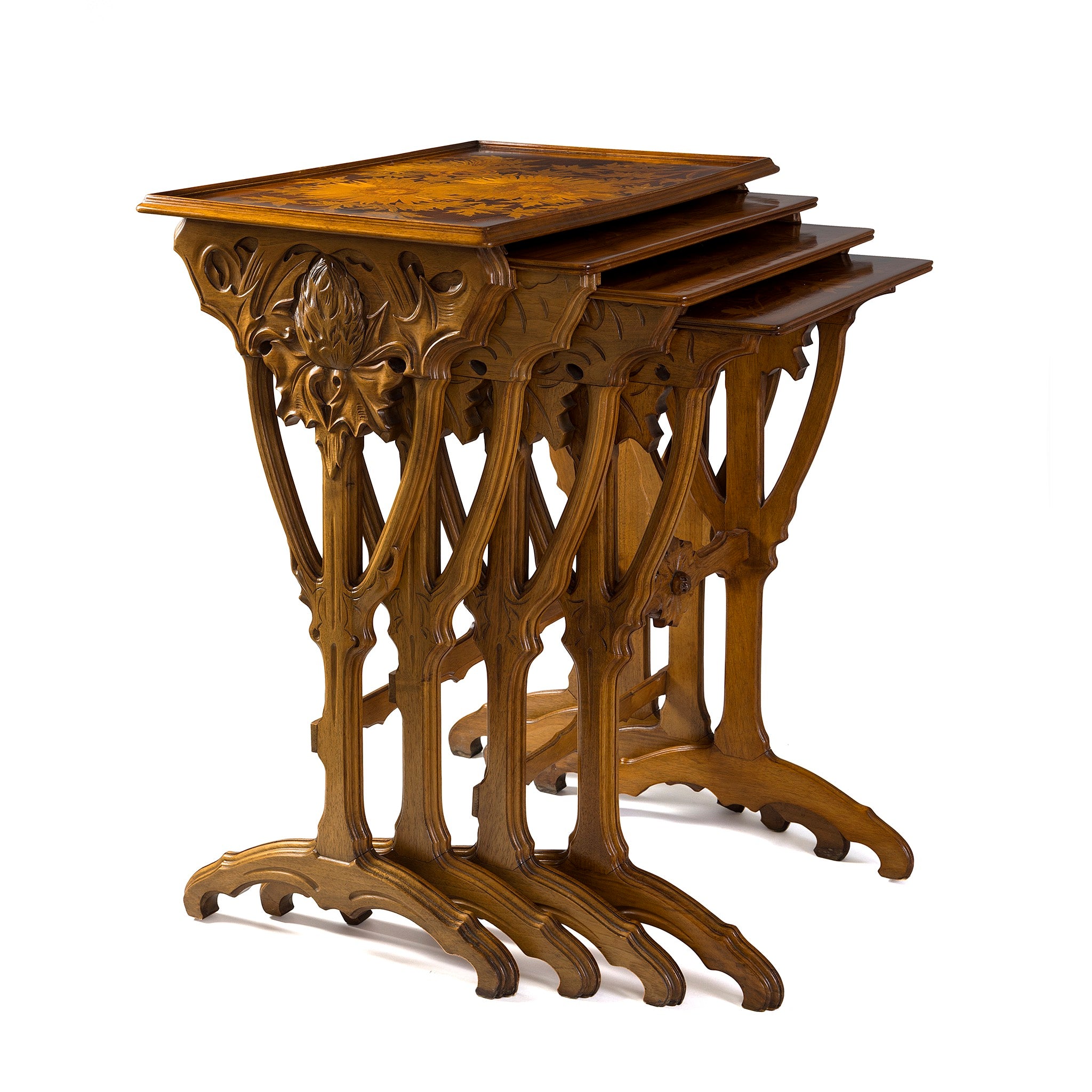 Émile Gallé Set of 4 Sunflower and Thistle Nesting Tables - Vintage French Art Nouveau Side Tables for Living Room, Bedroom, or Office Decor