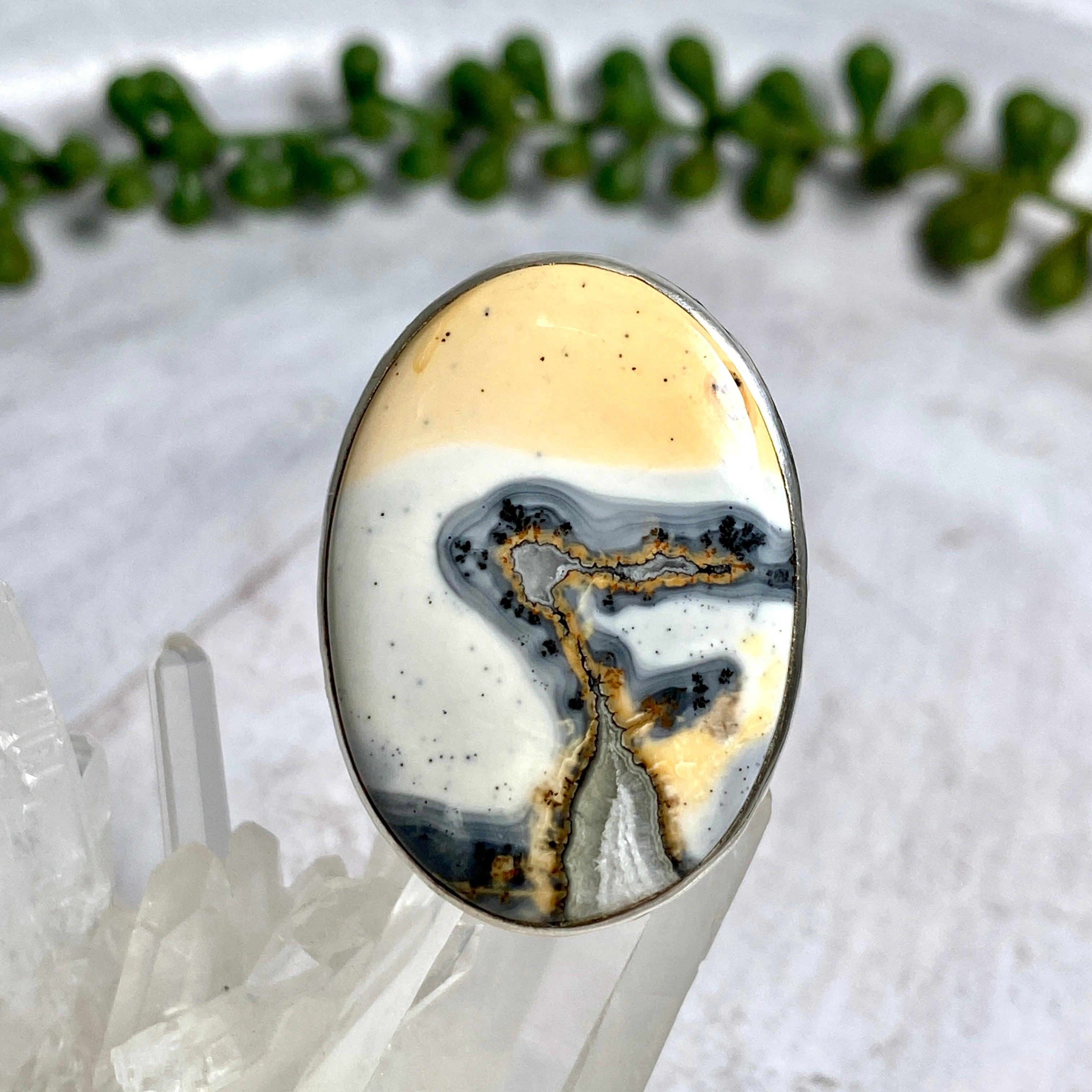 Maligano Jasper Oval Cabochon Ring with Beaten Band - Size 8 - KRGJ1564 - Handmade Boho Jewelry for Women, Perfect for Everyday Wear & Gift Giving