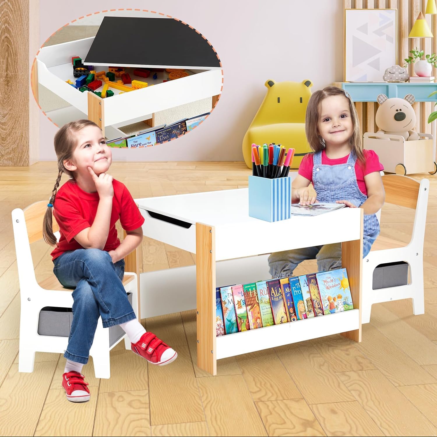 Asweets 4-in-1 Kids Table and Chair Set with Storage Drawer - Wooden Toddler Activity Desk, Detachable Tabletop & Bookshelf - Perfect for Classroom, Home Nursery & Playroom (Pure White) - Ideal for Reading, Drawing, Crafts and Learning Activities