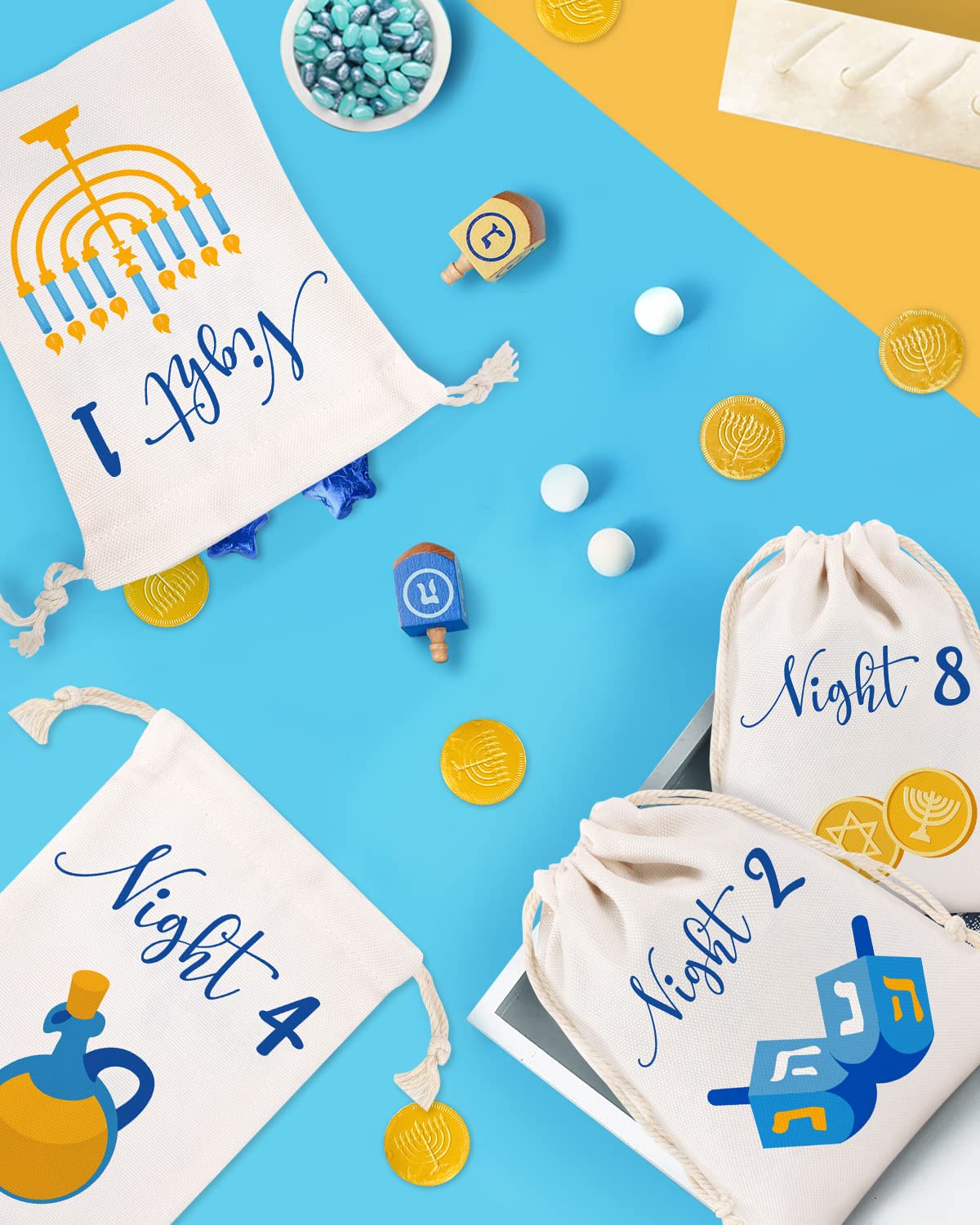 8 Nights of Hanukkah Drawstring Bags - Chanukah Gift Bags Set of 8, Hanukkah Countdown Calendar, Linen Treat Goodie Bags for Festival of Lights Party Favors - Perfect for Holiday Gifting, Classroom Celebrations & Jewish Tradition Events