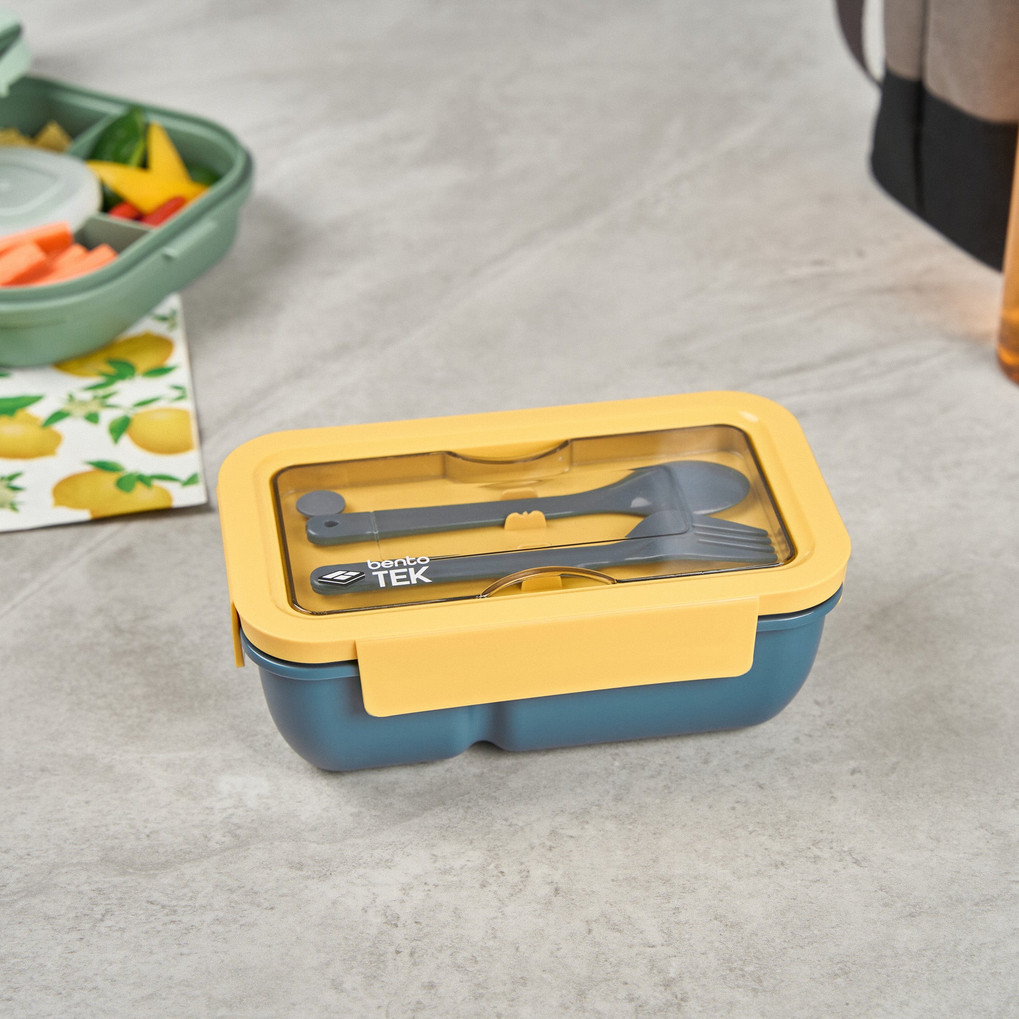 Bento Tek 29 oz Blue and Yellow Lunch Box - BPA Free, Microwave Safe, Includes Fork & Spoon (7.75