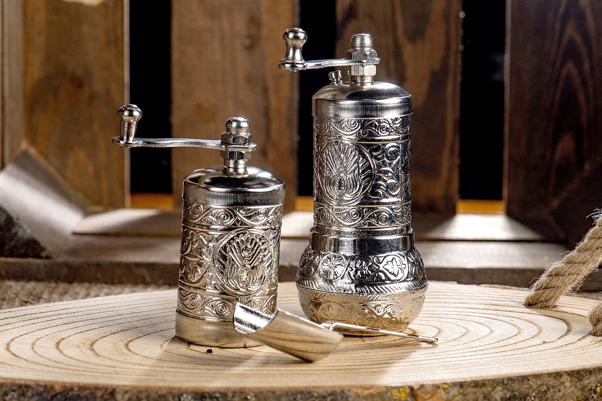 Premium 4-Piece Herb & Spice Grinder Set - Manual Crank Handle Mill for Pepper, Salt & Seasonings - Durable Stainless Steel (Bright Silver) - Perfect for Kitchen, Camping & Travel