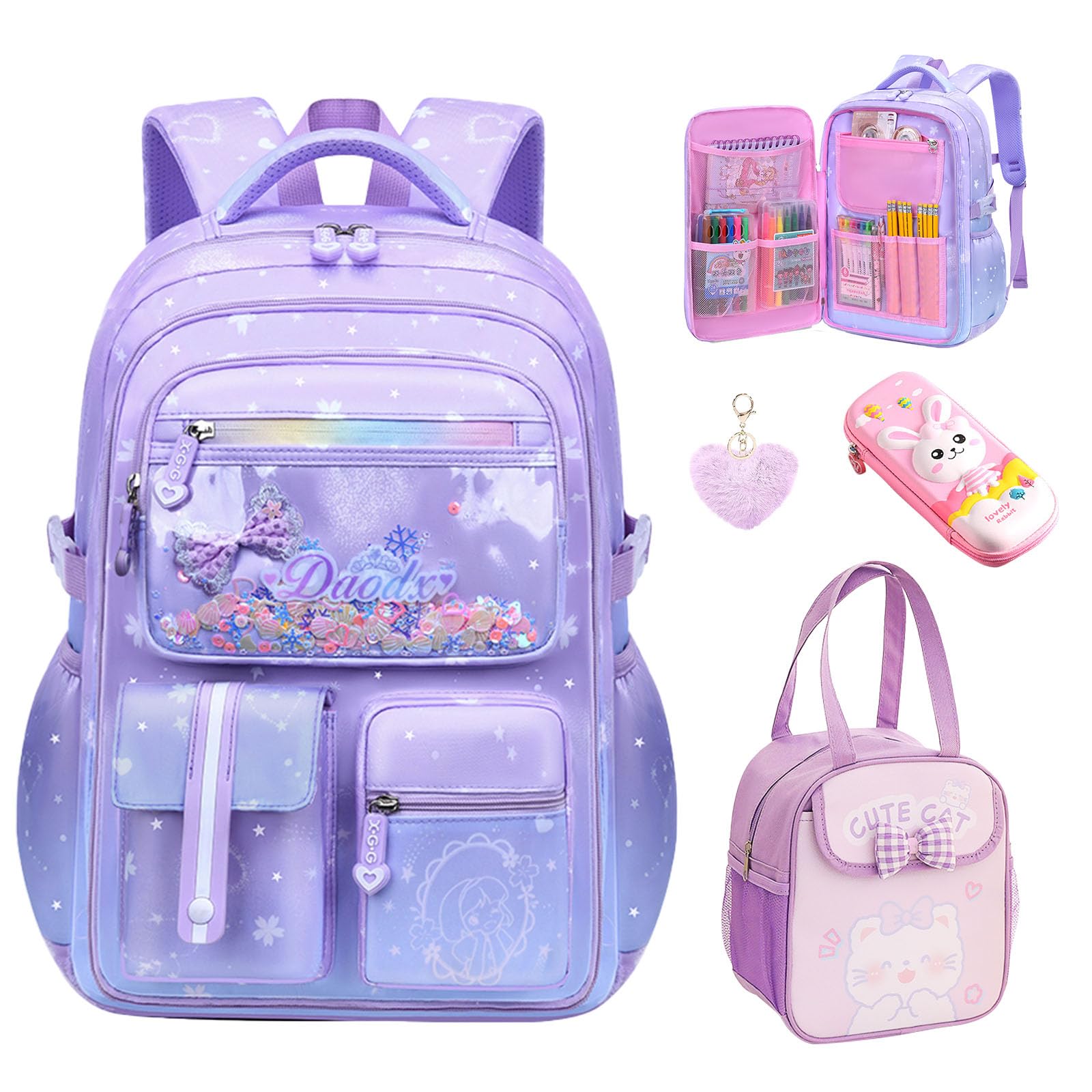 5PCS Kids Backpack Set - Cute School Backpack for Girls, Kawaii Teen Schoolbag with Multi-Pocket, Large Capacity Laptop Backpack (16.5 Inch) - Perfect for Elementary School, Travel & Daily Use - Purple Dreamy Daypack