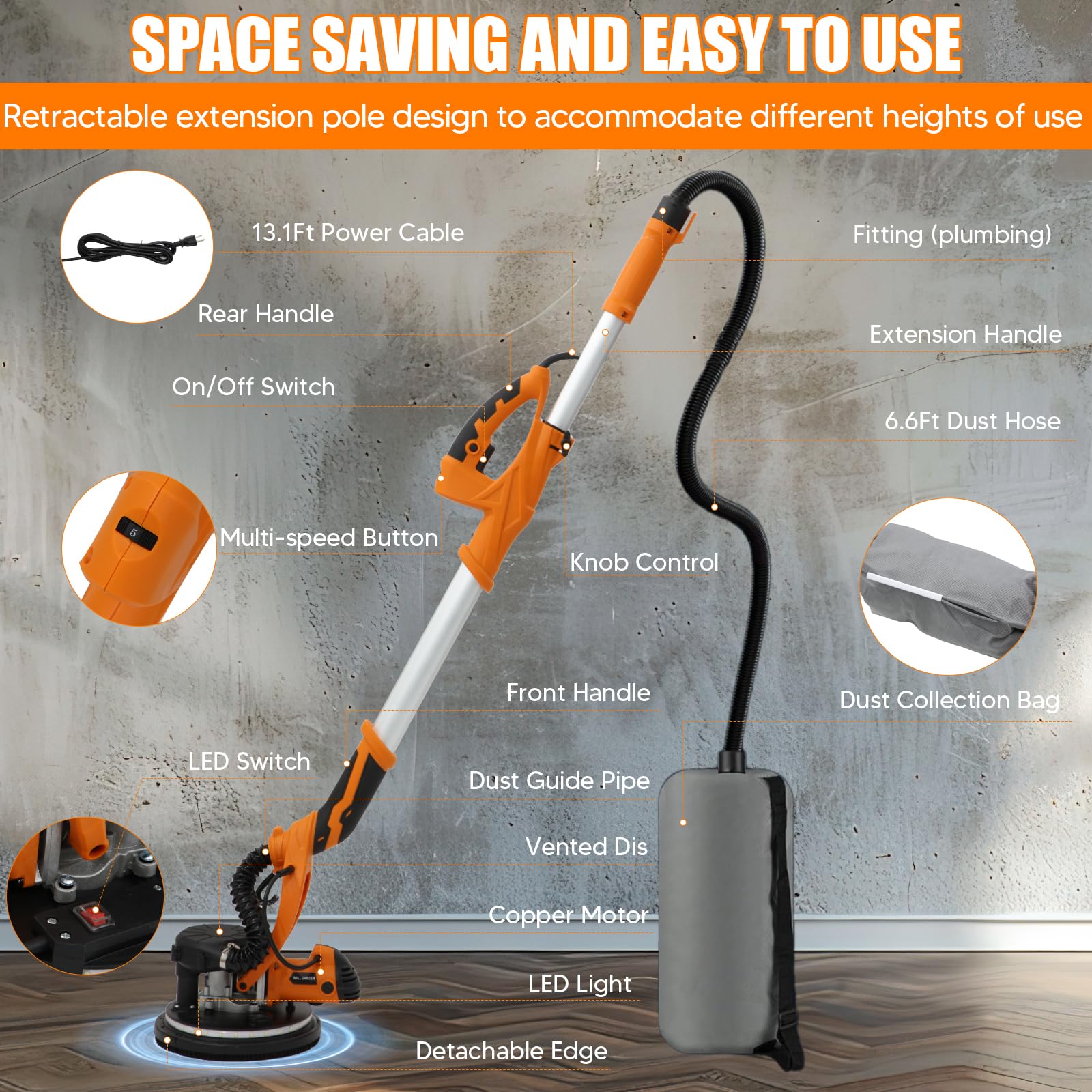 1250W Electric Drywall Sander with Vacuum - 11.5 Amp, 5-Speed Adjustable (800-1800 RPM) | Telescopic Handle with LED Light | Dust Collection Bag & 6.6ft Hose | Perfect for Drywall Repair, Ceiling Sanding & Home Renovation Projects