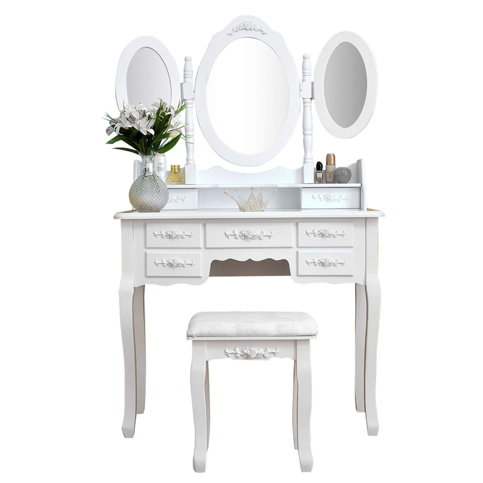 XYJNN White Makeup Vanity Table with 7 Drawers & Foldable 3 Mirrors - Multifunctional Dressing Table with Storage for Bedroom, Bathroom & Salon - Space Saving Foldable Design (White)