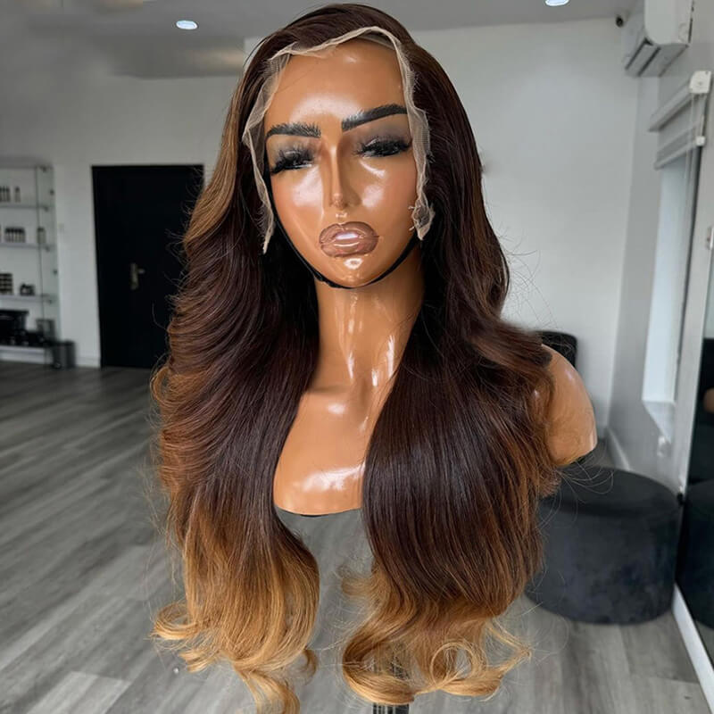 Eullair Skunk Stripe Brown with Honey Blonde Highlights Lace Front Human Hair Wig - Body Wave Curling Iron Styled Lace Wig for Black Women (EW013) - Perfect for Daily Wear, Parties & Special Occasions
