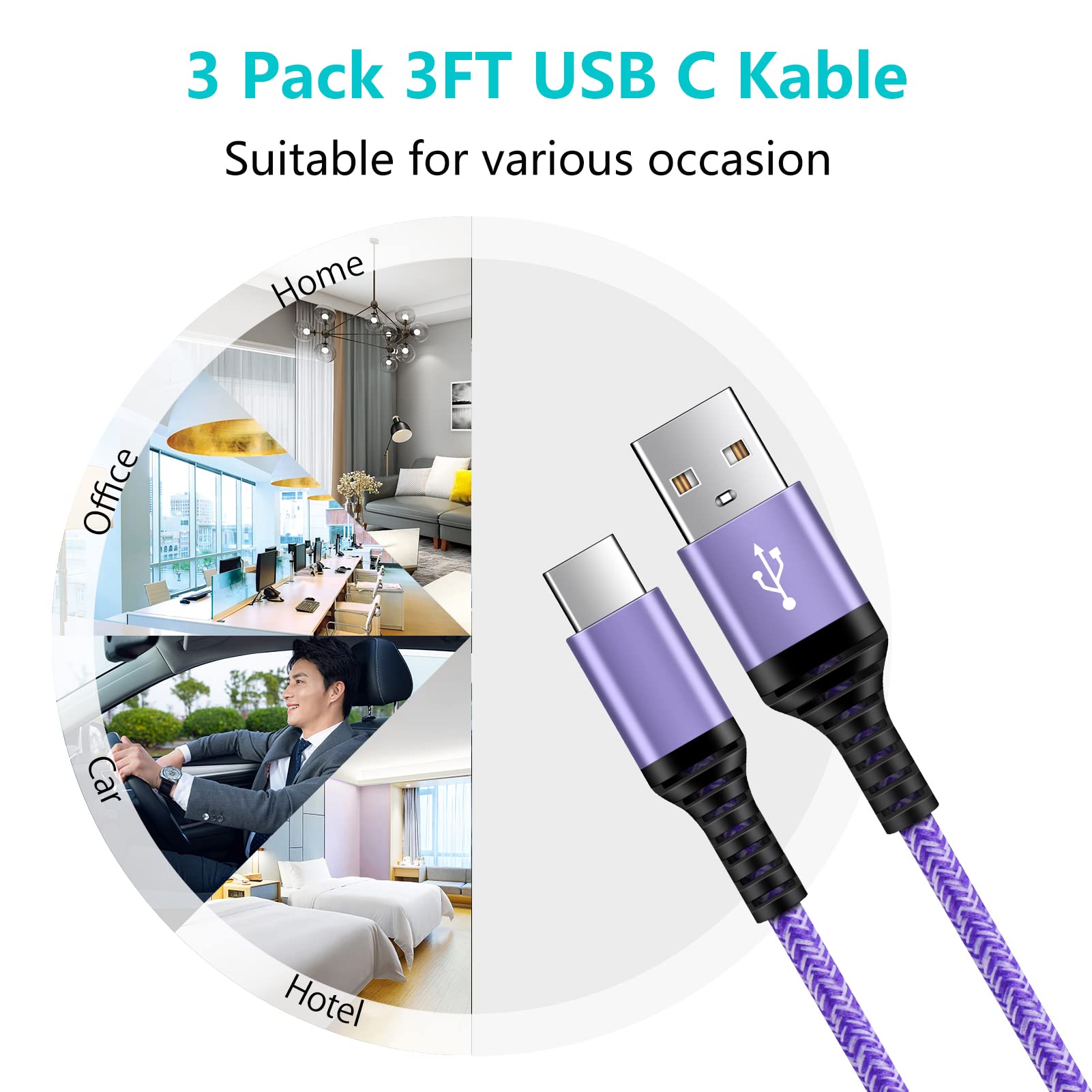 3-Pack USB C Fast Charger Cable 3FT/0.9M - Compatible with Samsung Galaxy S25/S24/S23/S22/S21/S20/A12/A13/A145G/A22/A33/A50/A52 & Huawei P40/P30/P20 Lite - High Speed Charging for Home, Office & Travel