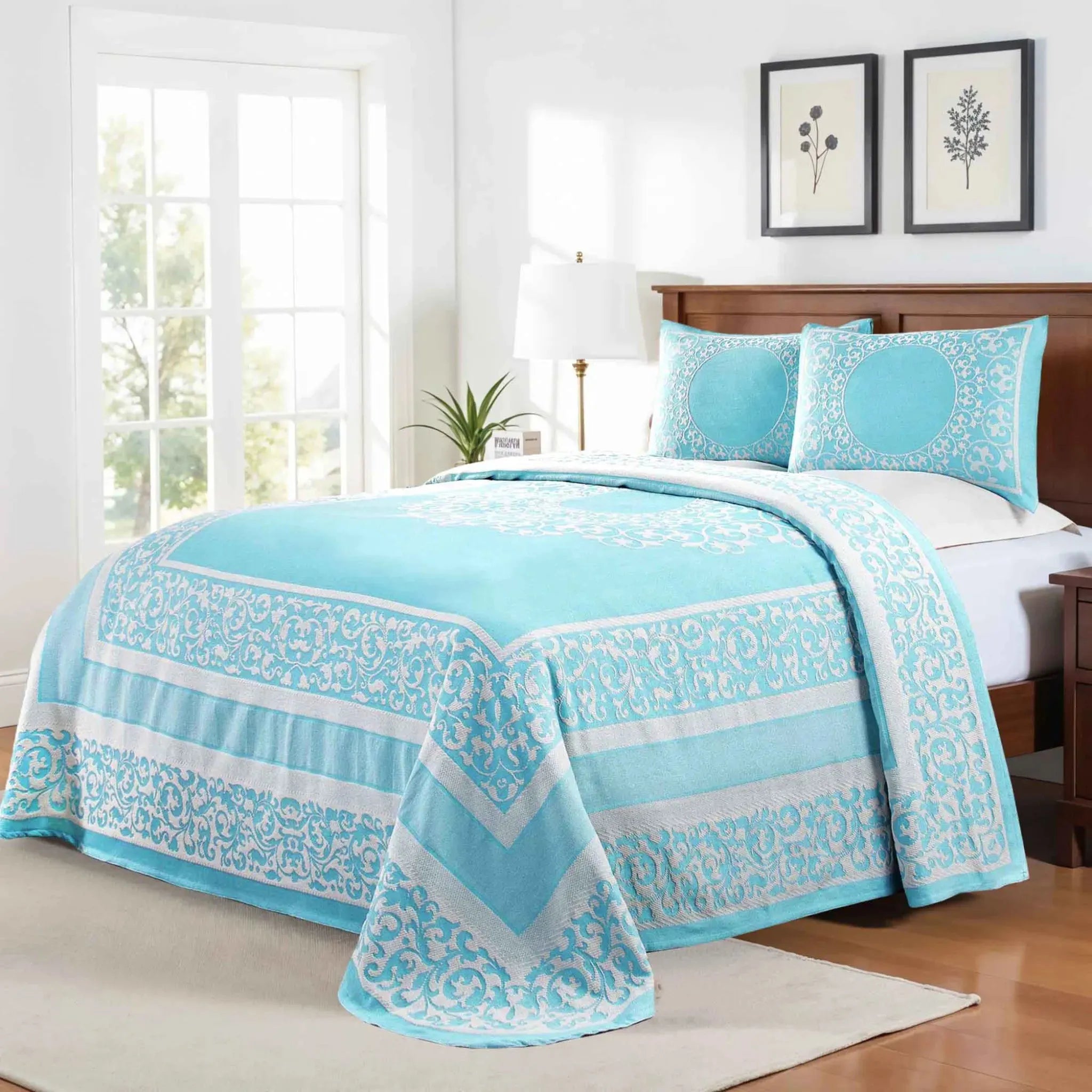 Lyron Cotton Blend Woven Jacquard Floral Scroll Bedspread Set - Queen Size Luxury Bedding for Master Bedroom & Guest Room Decor