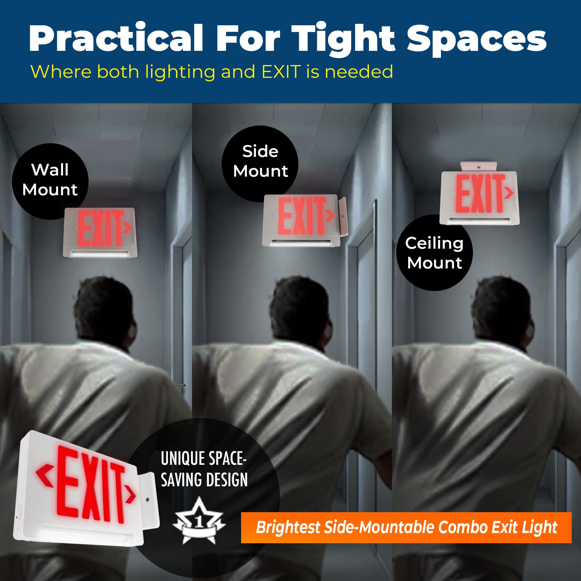 LFI Lights Compact Red Exit Sign with Emergency LED Light Pipe - Adjustable Light Bar, Battery Backup & Hardwired, UL Listed for Business Safety Compliance (2 Pack) - Perfect for Offices, Warehouses & Commercial Buildings