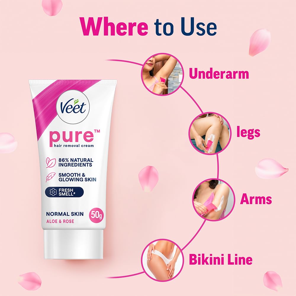 Veet Pure Hair Removal Cream for Women - Gentle Formula for Normal Skin, 50g | Safe for Legs, Underarms, Bikini Line & Arms | At-Home Smooth Skin Solution for Quick Hair Removal