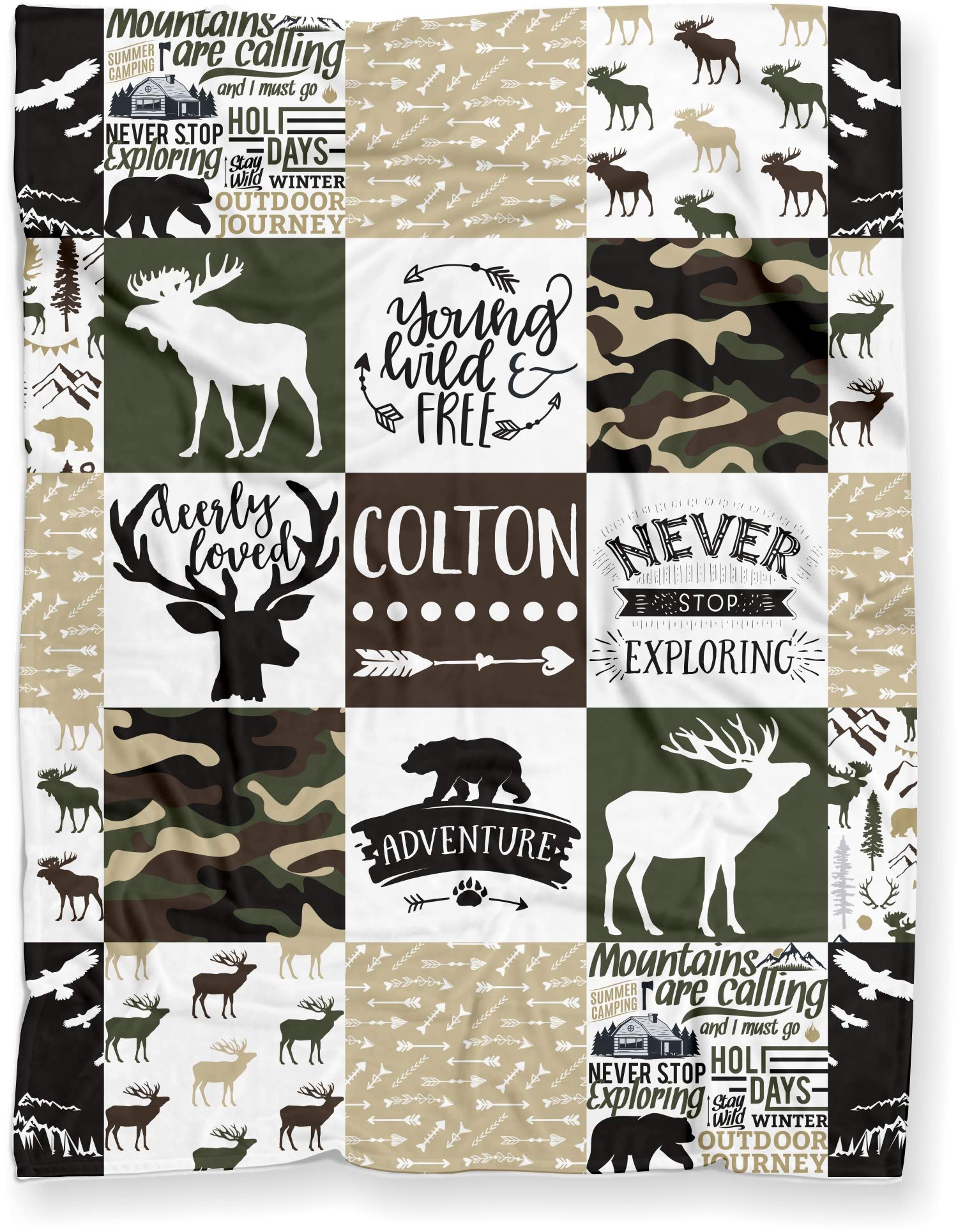 Personalized Camo Moose Deer Bear Woodland Minky Baby Blanket for Boys - Soft Lightweight Polyester Fleece Blanket with White Back - 50