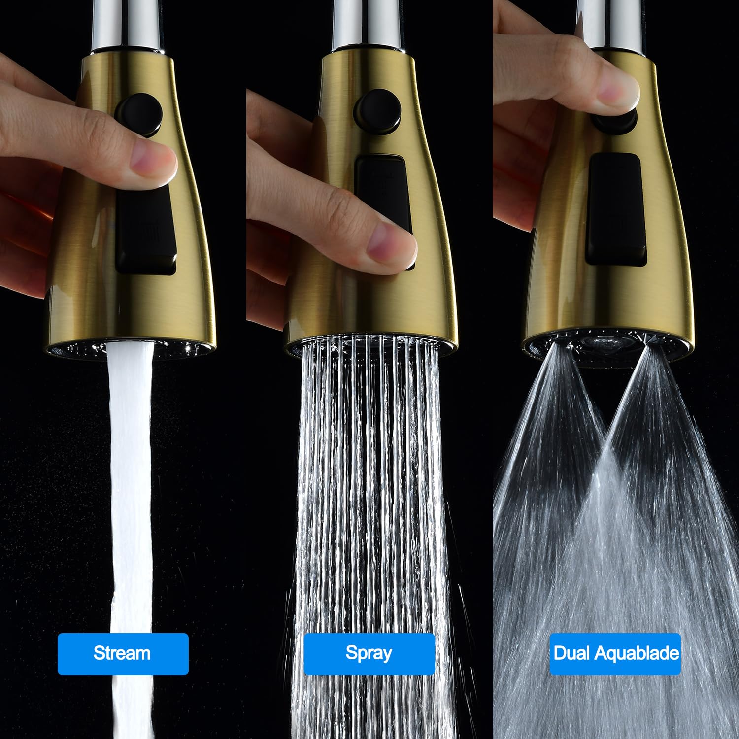 Upgraded GORDEE 3-Function Kitchen Faucet Sprayer Head Replacement (Stream/Spray/Blade) with Check Valve, 1.8 GPM Flow Rate, Includes 9 Adapters for Universal Fit - Brushed Gold Finish - Perfect for Sink Cleaning, Dish Washing & Food Prep