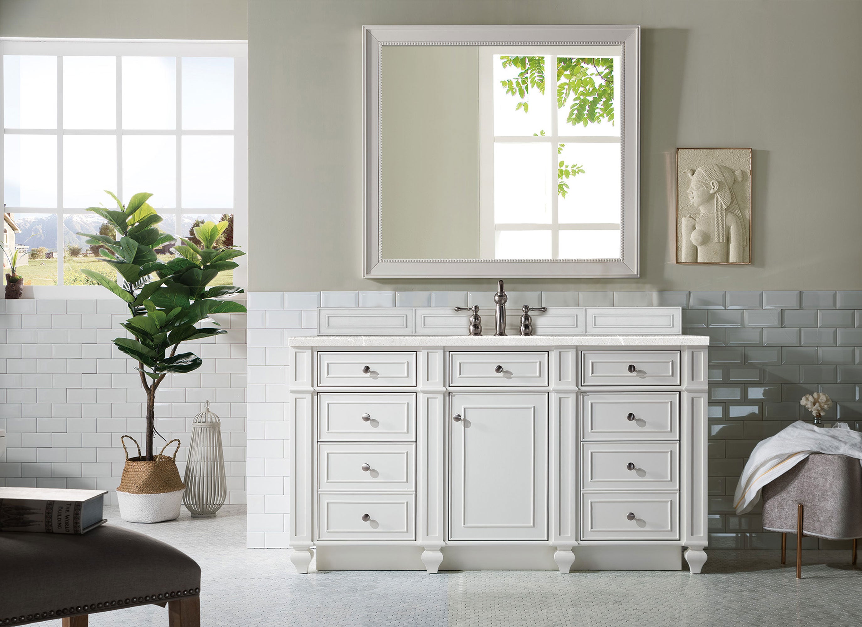 Bristol 60 Inch Single Bathroom Vanity Set with 3CM Eternal Serena Quartz Countertop in Bright White - Perfect for Modern Master Bathrooms & Powder Rooms