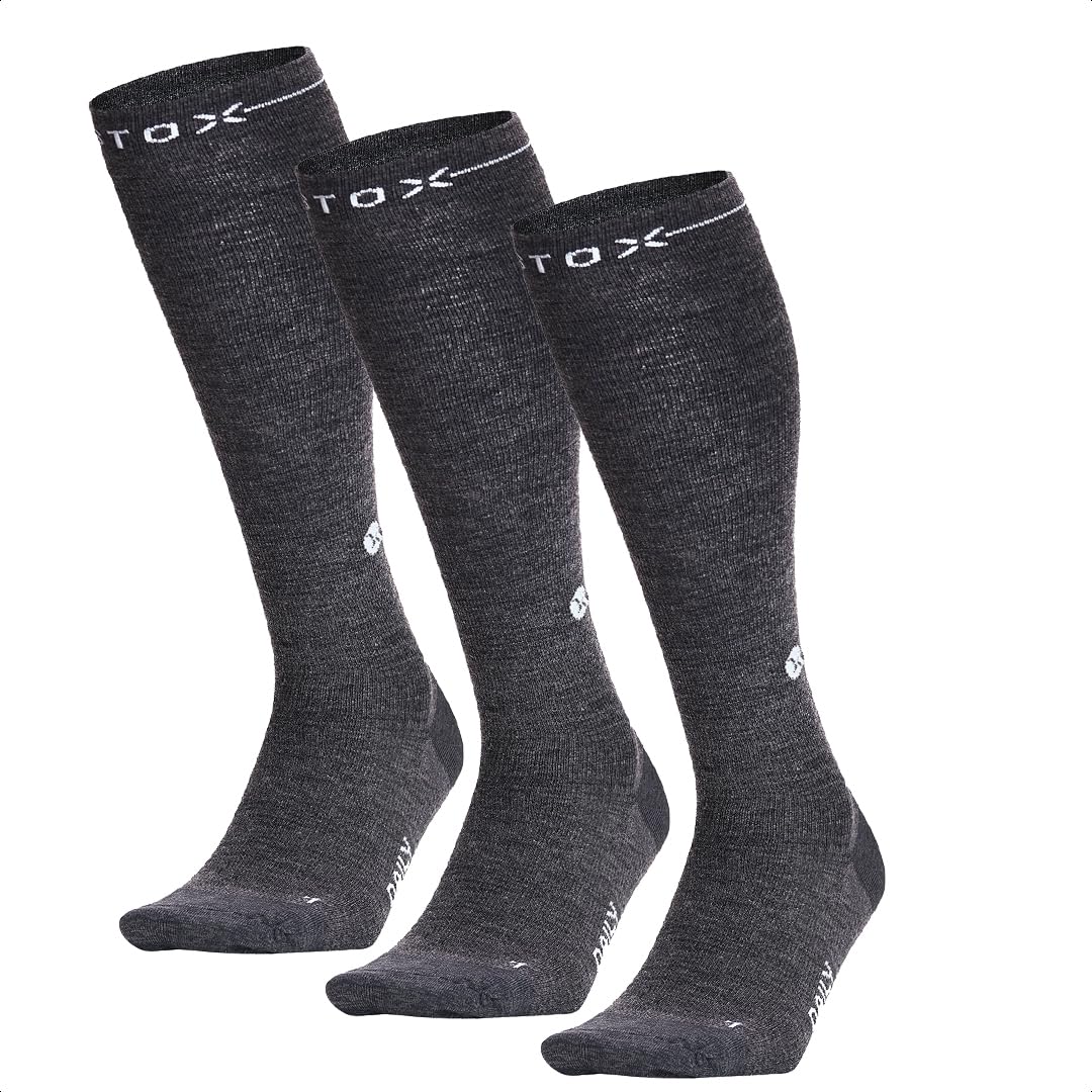 STOX Energy Socks for Men - 3 Pack Premium Merino Wool Compression Socks | Relieve Tired, Sore & Swollen Legs | Dark Grey | Ideal for Running, Hiking & Travel