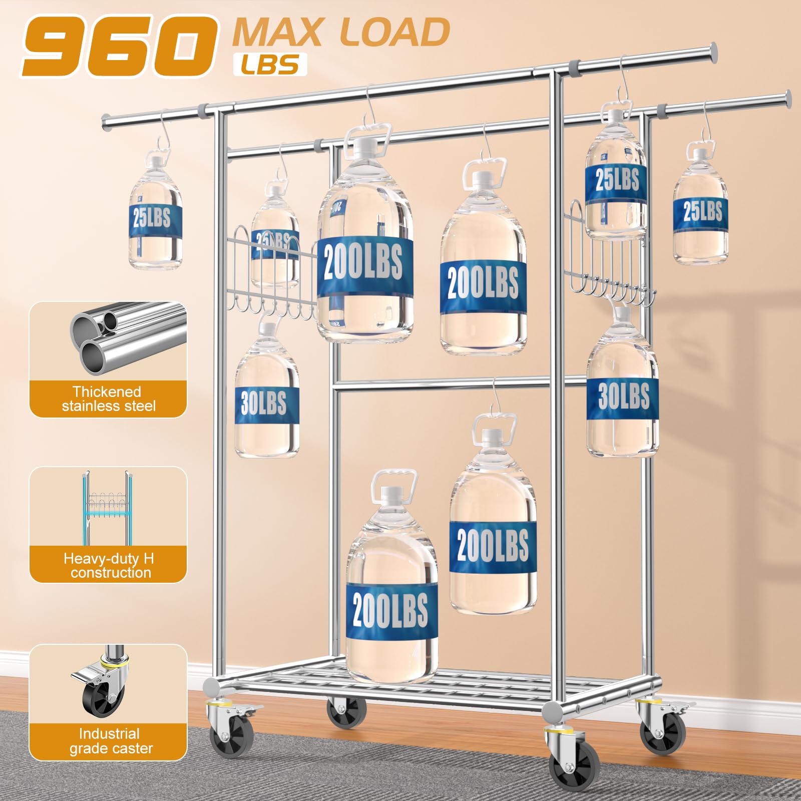 100% Stainless Steel Heavy Duty Garment Rack - 960LBS Capacity, 3-Rod Expandable Clothes Hanging Rack with Wheels & Shelves - Portable Wardrobe Storage for Closet, Laundry Room, Retail Store or Bedroom Organization