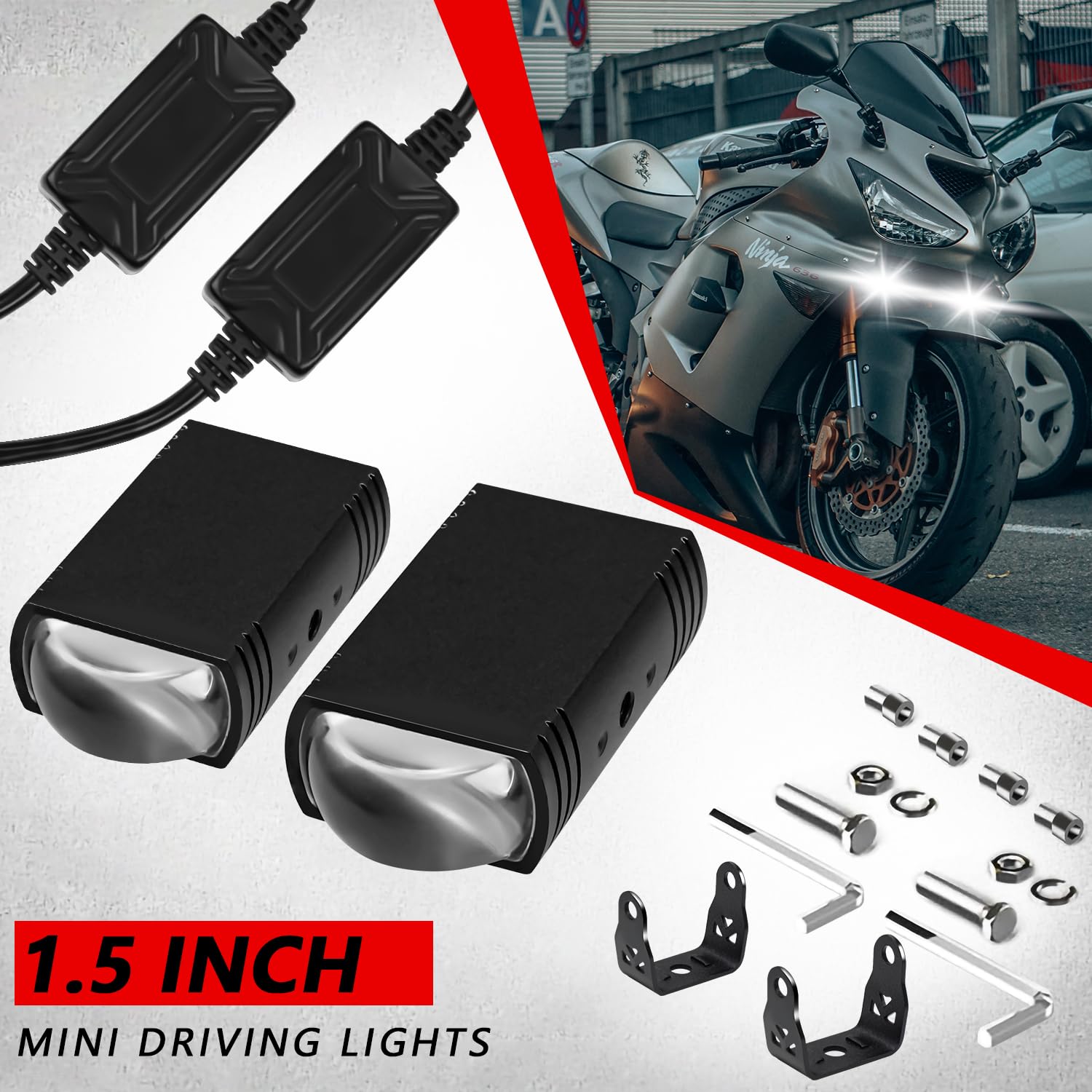 High Power Motorcycle LED Driving Lights - White/Amber Dual Color, 3 Lighting Modes (Hi/Lo Beam) - Waterproof with Lens for ATV, UTV, SUV, Truck, Boat - Perfect for Off-Road Adventures & Night Riding (Pack of 2)