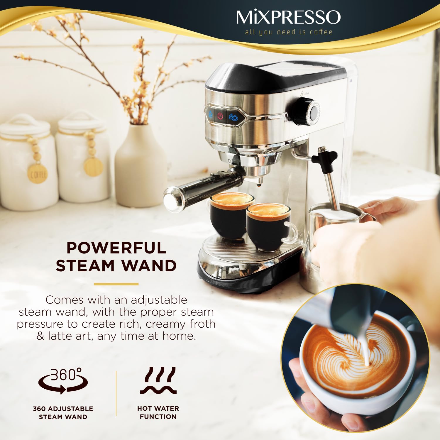 Mixpresso Professional 15 Bar Espresso Machine with Milk Frother - Fast 1450W Heating, 37Oz Water Tank & Double-Cup Splitter - Perfect for Home Baristas Making Espresso, Cappuccino & Latte - Ideal for Morning Coffee, Entertaining Guests & Small Cafes