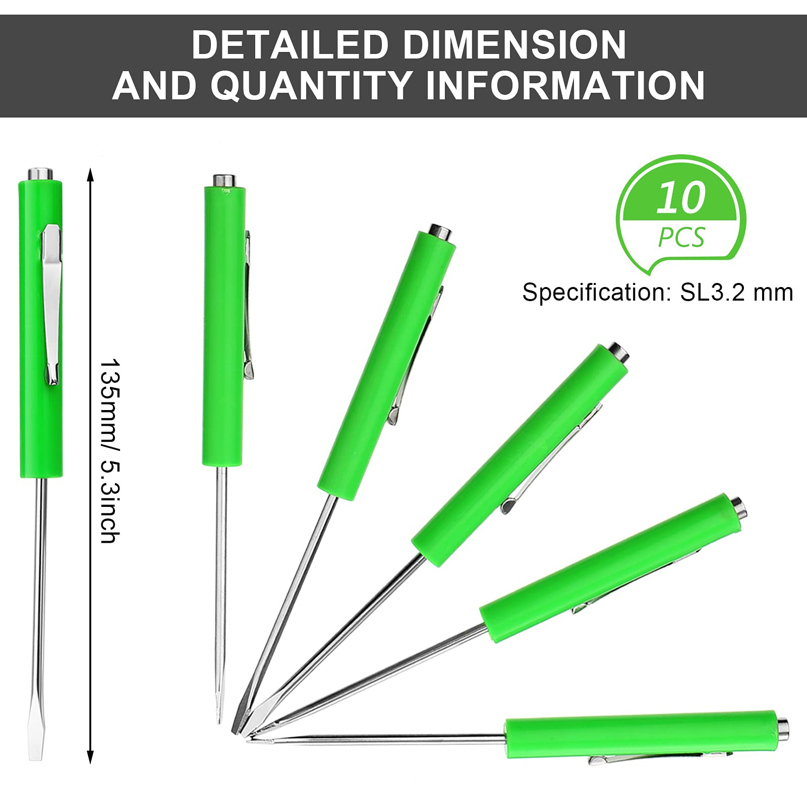 Honoson 10-Piece Magnetic Pocket Screwdriver Set - Mini Slotted Screwdrivers with Pocket Clips for Mechanical & Electrical Repairs (Green) - Perfect for DIY, Home Improvement, and Professional Tool Kits