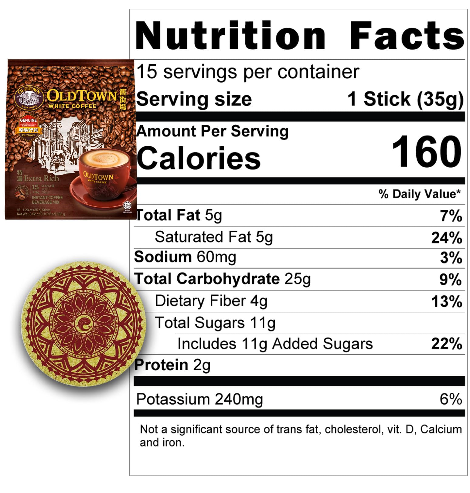 Old Town 3-in-1 Asian Instant Coffee Mix (45 Packets) - Classic, Hazelnut & Extra Rich Flavors with Eco-Friendly Cork Coasters - Perfect for Office, Home & Travel