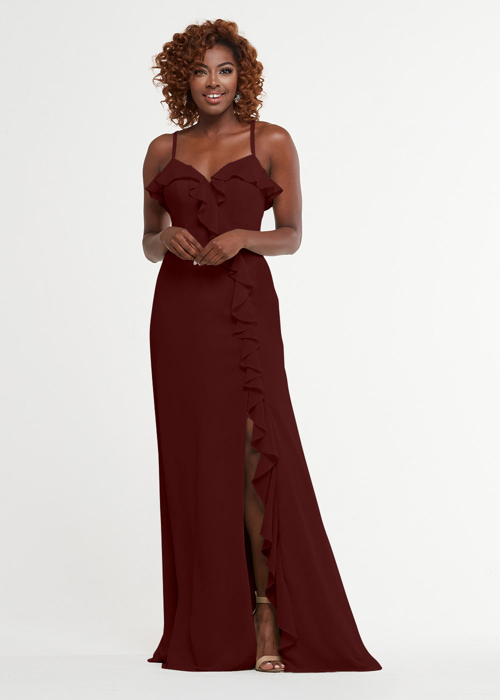 Elegant 80174 Chiffon A-Line Bridesmaid Dress with Ruffles & High Slit - Perfect for Weddings, Formal Events & Special Occasions