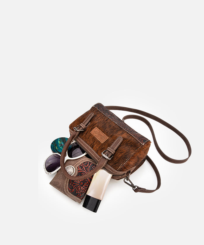 Wrangler Genuine Hair-On Cowhide Barrel Bag - Western Style Leather Crossbody Purse for Women | Perfect for Rodeo, Country Music Festivals & Everyday Use
