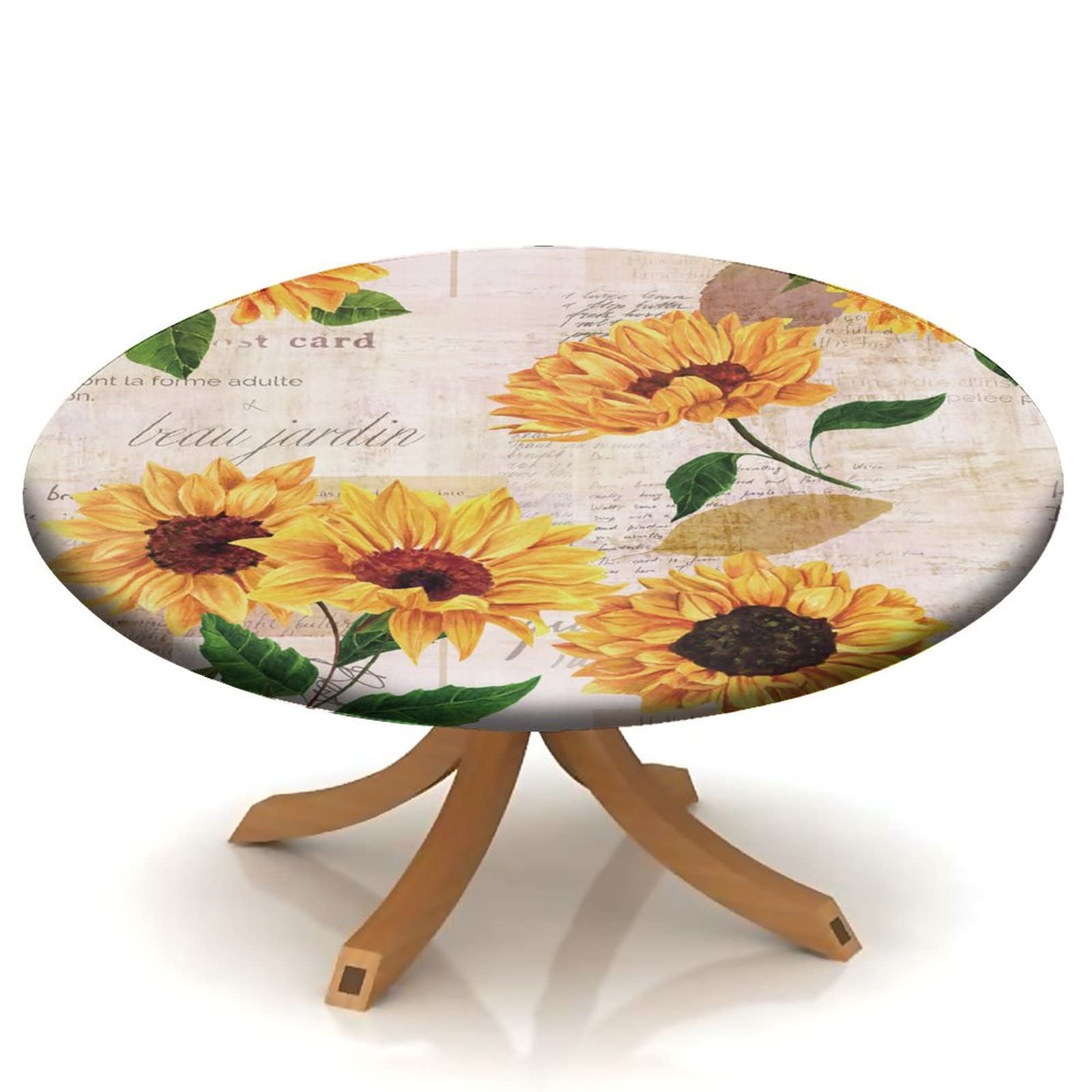Sunflower Elastic Edge Waterproof Round Tablecloth - Washable & Wipeable Fabric Table Cover for 48 Inch Tables - Perfect for Indoor & Outdoor Parties, Dining, Picnics, and Home Decor (Brown Yellow)