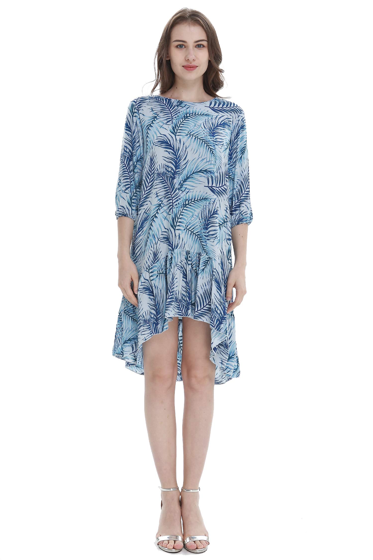 Stylish Couple Matching Hawaiian Luau Shirt & 3/4 Sleeve Ruffle Dress Set - Tropical Wispy Cereus Print - Perfect for Beach Vacations, Summer Parties & Romantic Getaways