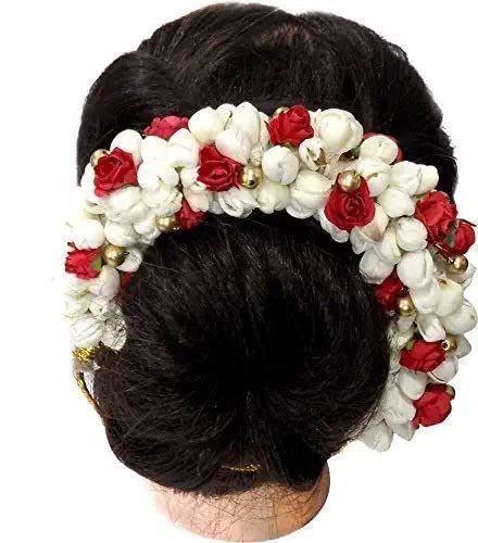 INDVIK Artificial Flower Hair Gajra for Women - Red & White Floral Hair Accessory for Weddings, Parties & Indian Traditional Events