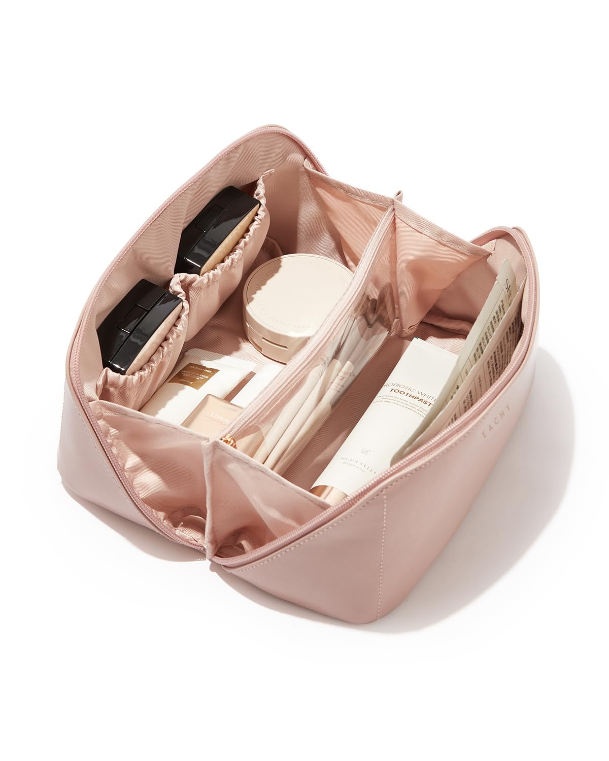 EACHY Travel Makeup Bag for Women - Large Waterproof Cosmetic Organizer with Divider & Handle, Portable Flat Open Toiletry Pouch - Perfect for Air Travel, Gym, Beach & Daily Makeup Storage