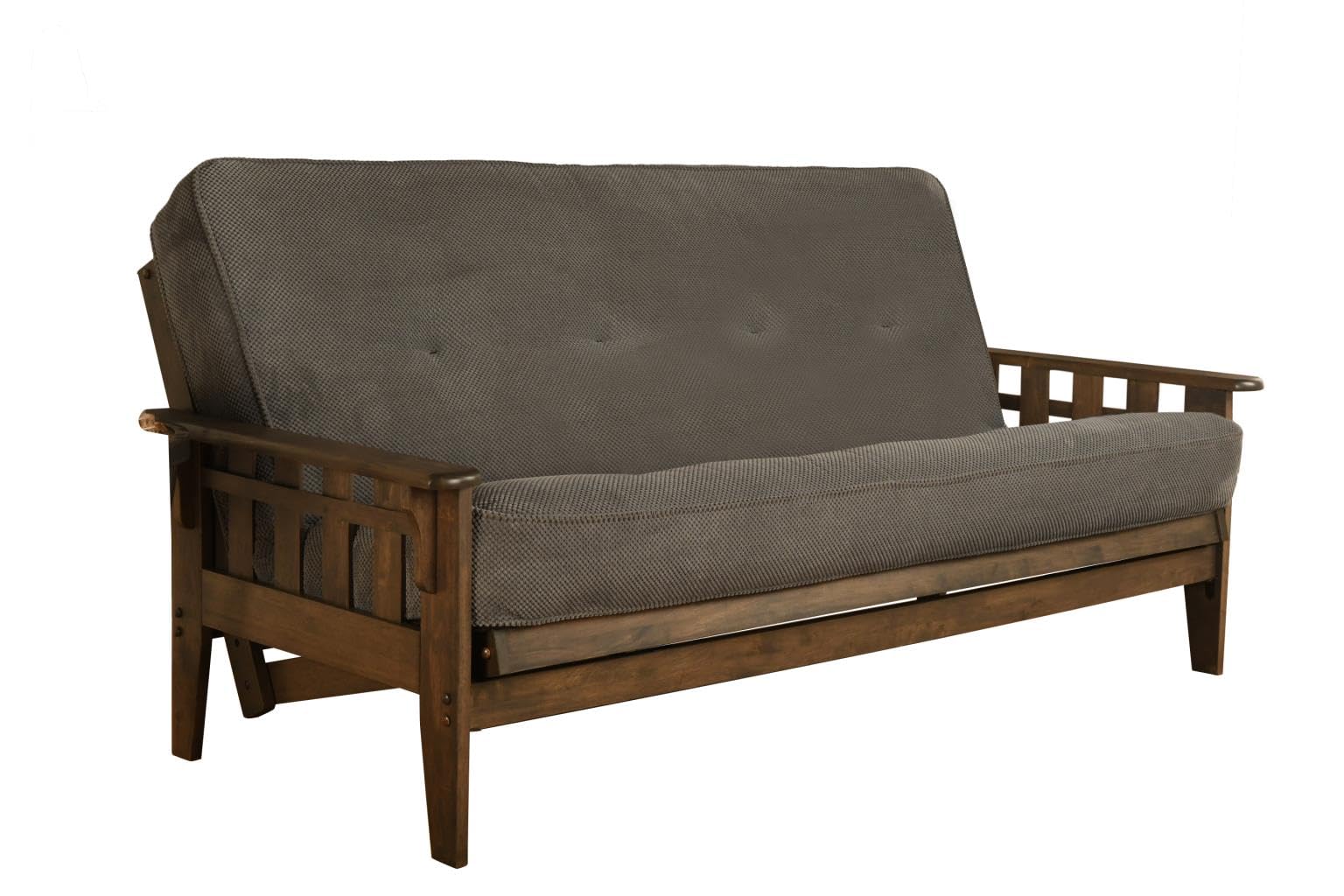 Rustic Walnut Full Size Futon Sofa Bed Set - 8 Inch Innerspring Mattress & Wood Frame with Optional Drawers | Perfect for Small Spaces, Guest Rooms & Studio Apartments | Marmont Thunder Collection