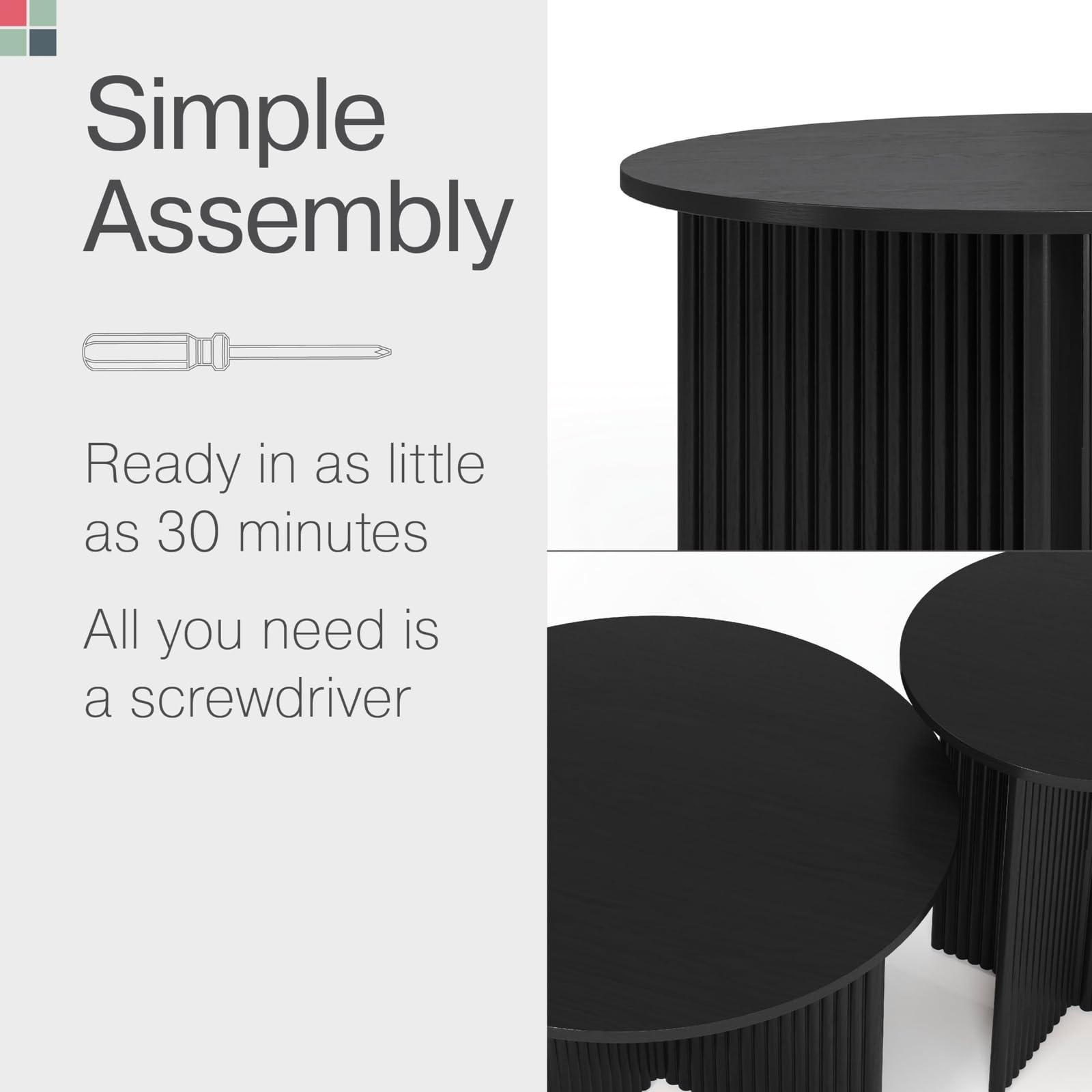 Round Fluted Nesting Coffee Tables Set of 2 - Modern Solid Wood Base & Wood Grain Veneer Top Drink Tables - Blackened Oak Home Decor for Living Room - Perfect for Small Spaces & Entertaining Guests