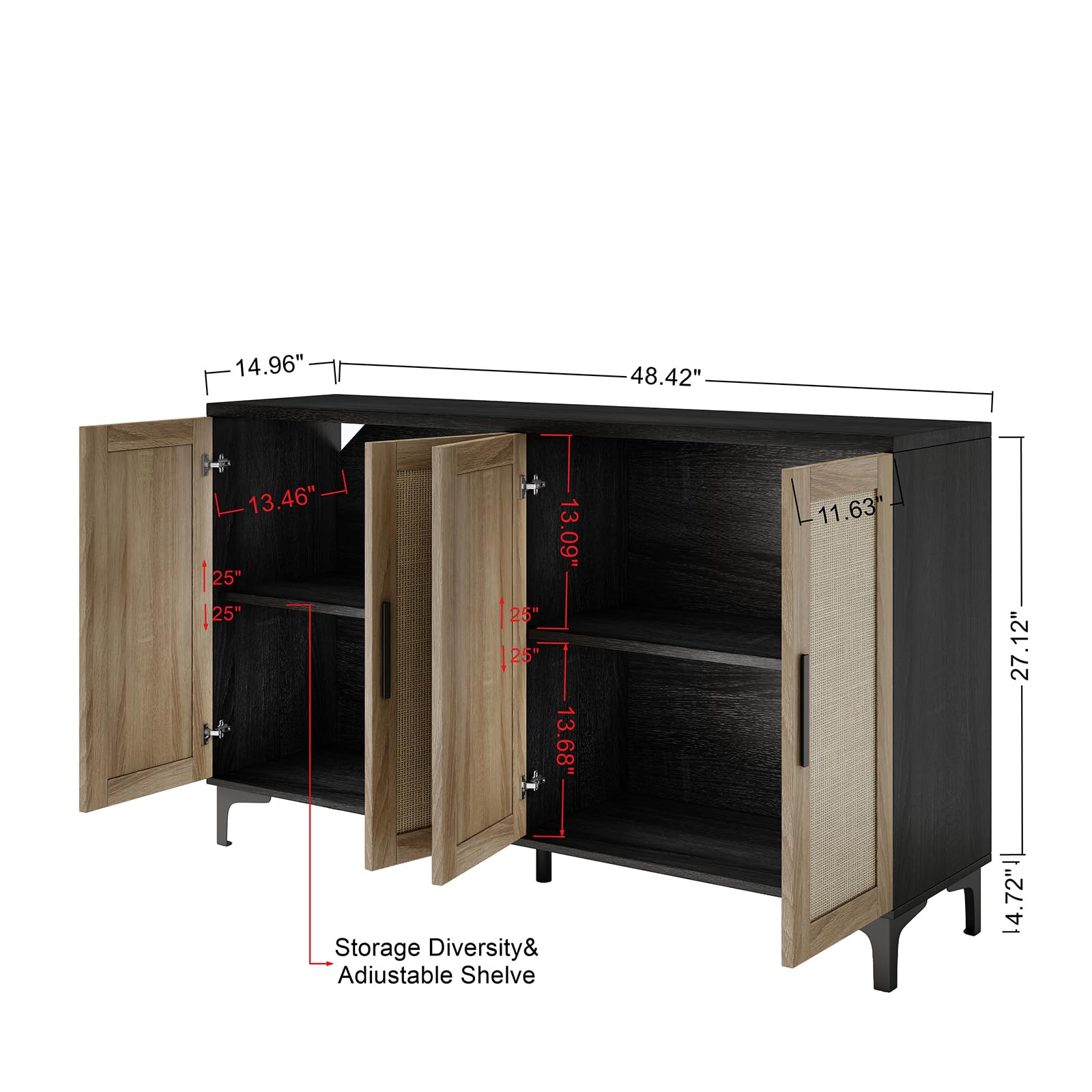 Rattan Sideboard Buffet Cabinet with Doors & Adjustable Shelves - Kitchen Storage Cabinet, Coffee Bar Console Table for Dining Room & Entryway - Black | Perfect for Small Space Organization & Home Decor